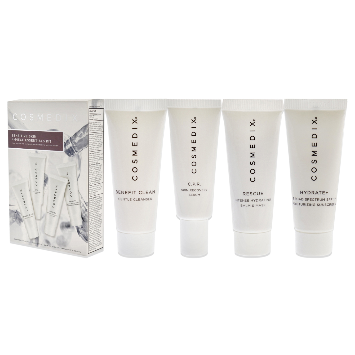 Sensitive Skin Essentials Kit by Cosmedix for Unisex - 4 Pc 0.5oz Benefit Clean, 0.5oz C.P.R., 0.5oz Rescue, 0.5oz Hydrate Plus