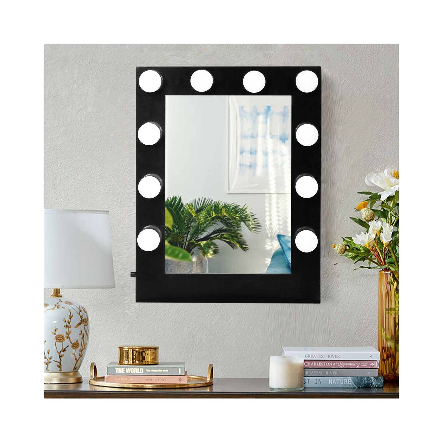 Gymax Wall Mounted Vanity Mirror Hollywood Makeup Dimmer Light Black