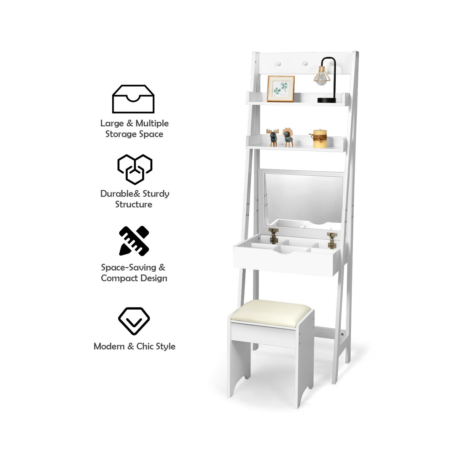 Gymax Vanity Set Makeup Dressing Table w/Flip Top Mirror Hooks Shelves