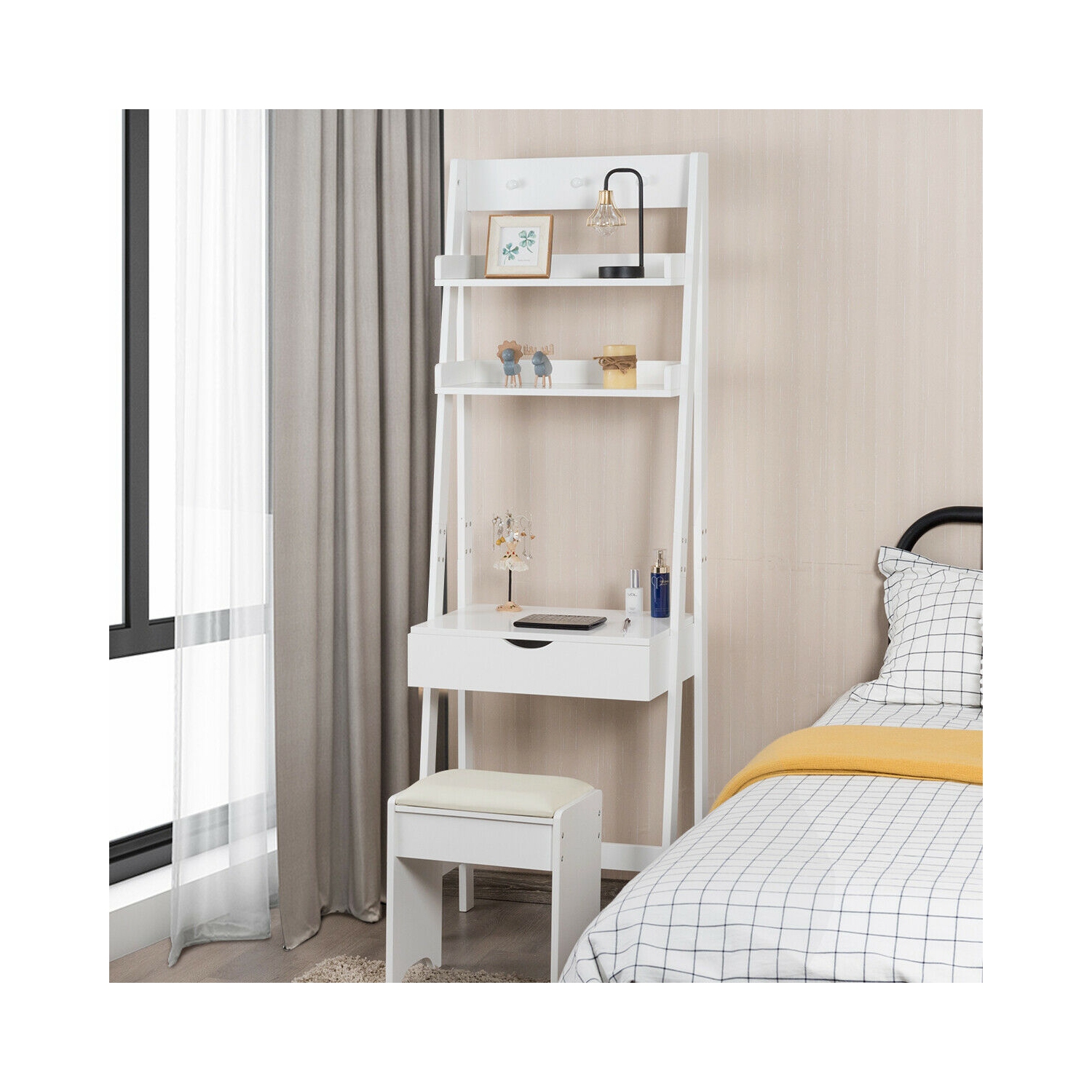 Gymax Vanity Set Makeup Dressing Table w/Flip Top Mirror Hooks Shelves