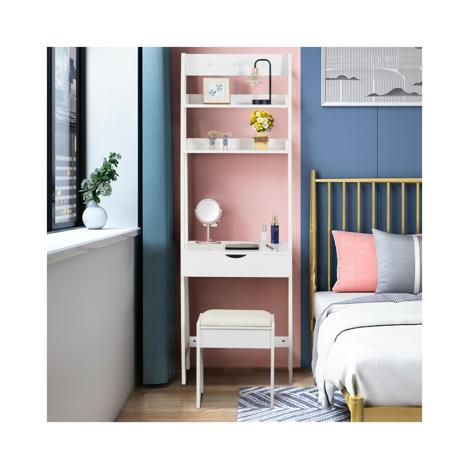 Gymax Vanity Set Makeup Dressing Table w/Flip Top Mirror Hooks Shelves