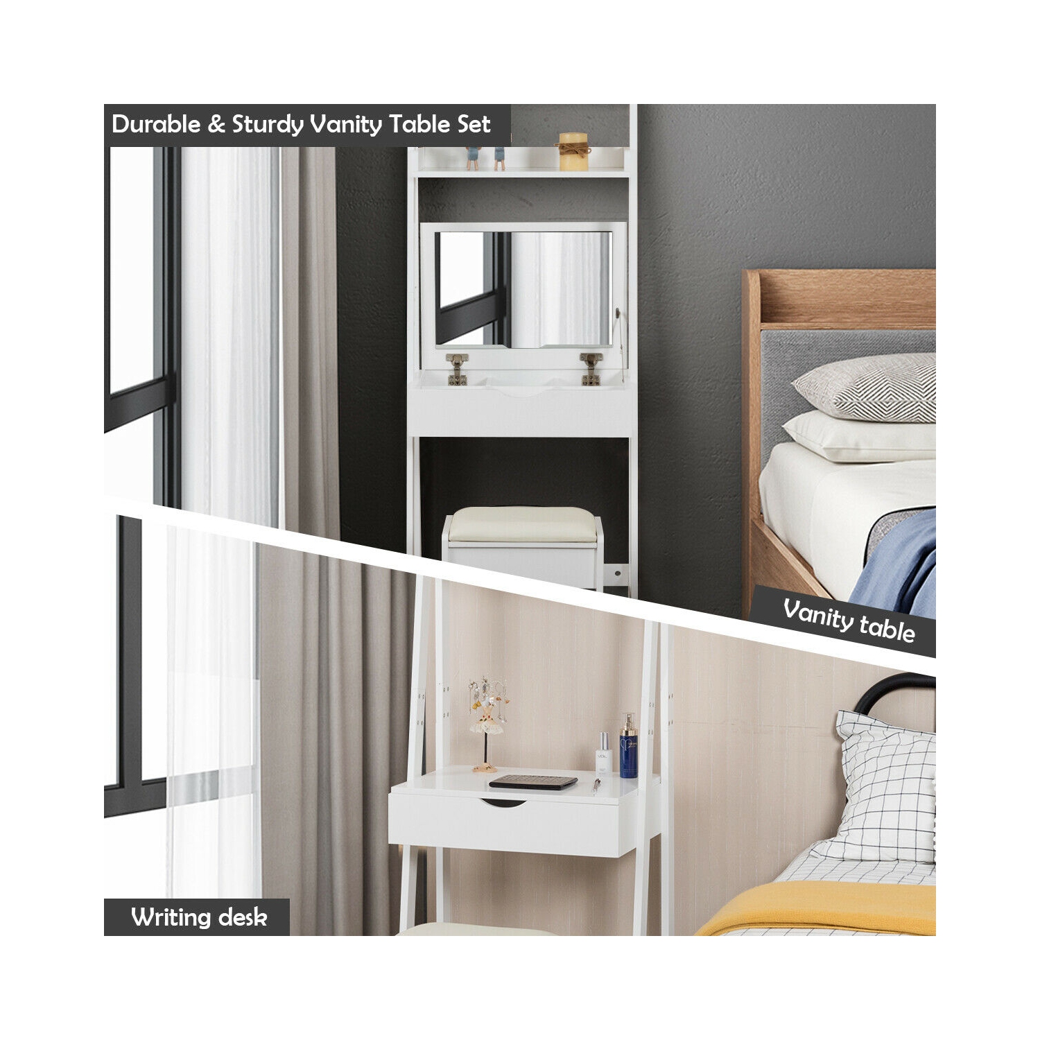 Gymax Vanity Set Makeup Dressing Table w/Flip Top Mirror Hooks Shelves