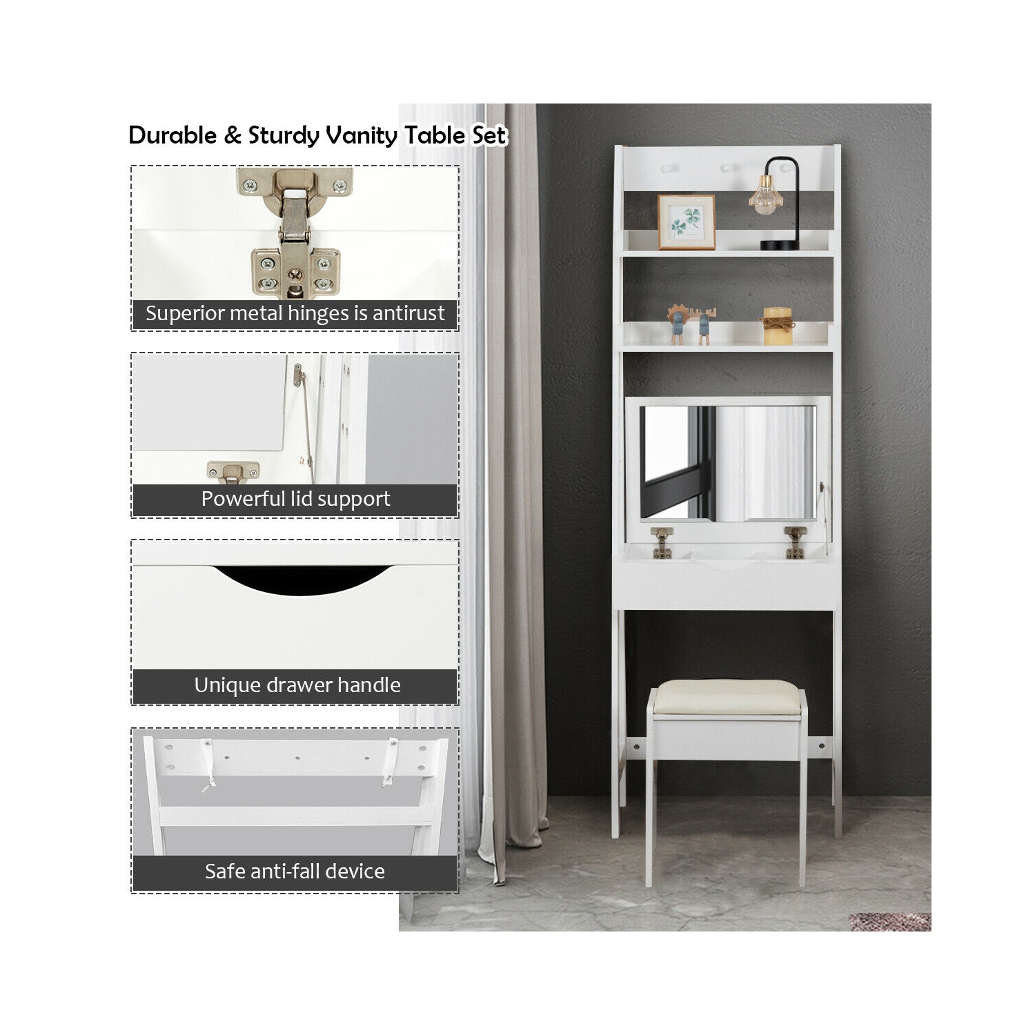 Gymax Vanity Set Makeup Dressing Table w/Flip Top Mirror Hooks Shelves