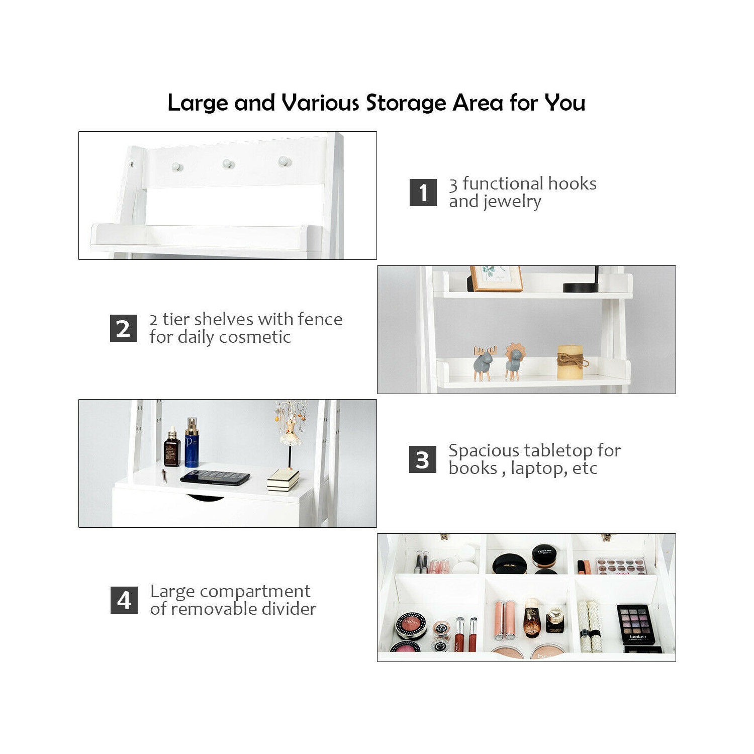 Gymax Vanity Set Makeup Dressing Table w/Flip Top Mirror Hooks Shelves