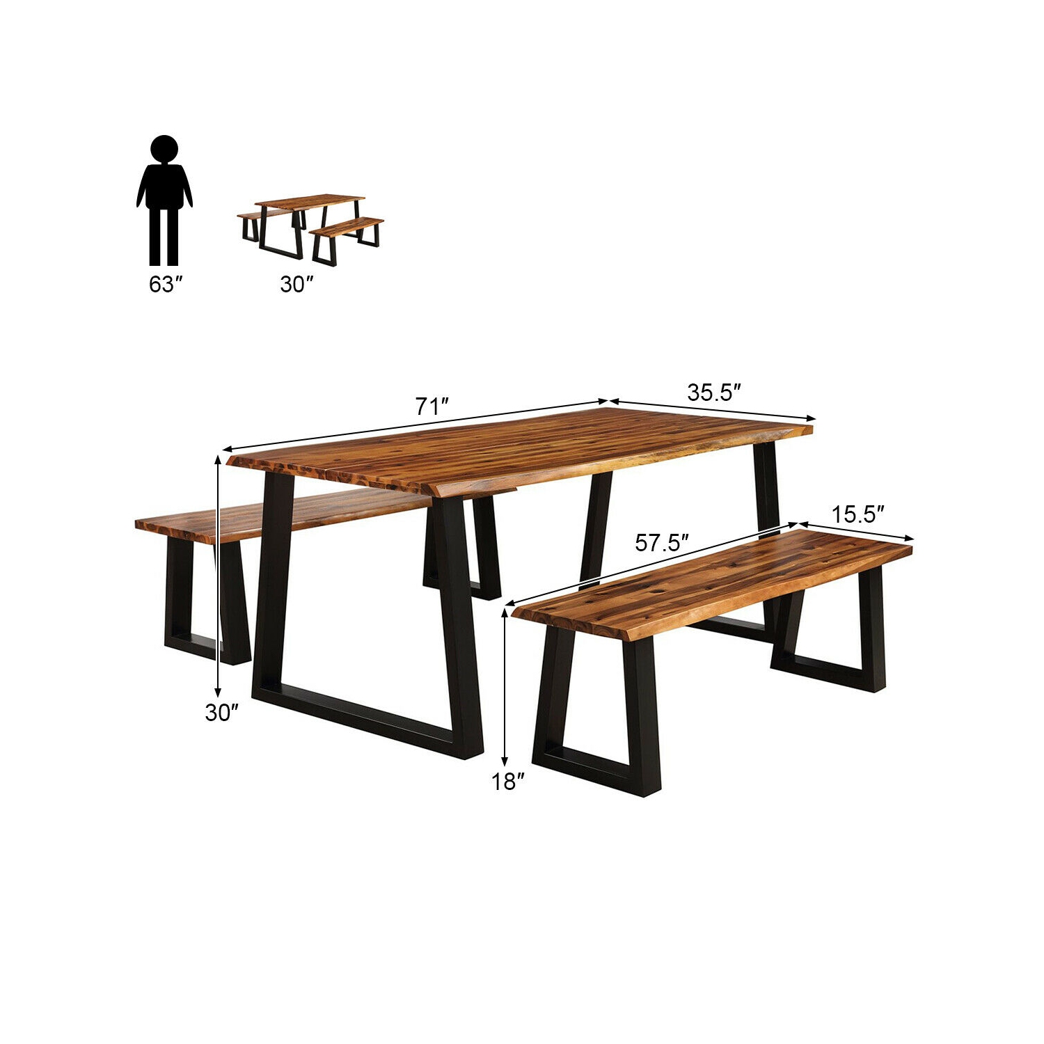 Gymax Picnic Table Set Acacia Wood 3 Piece Table Bench Outdoor Patio