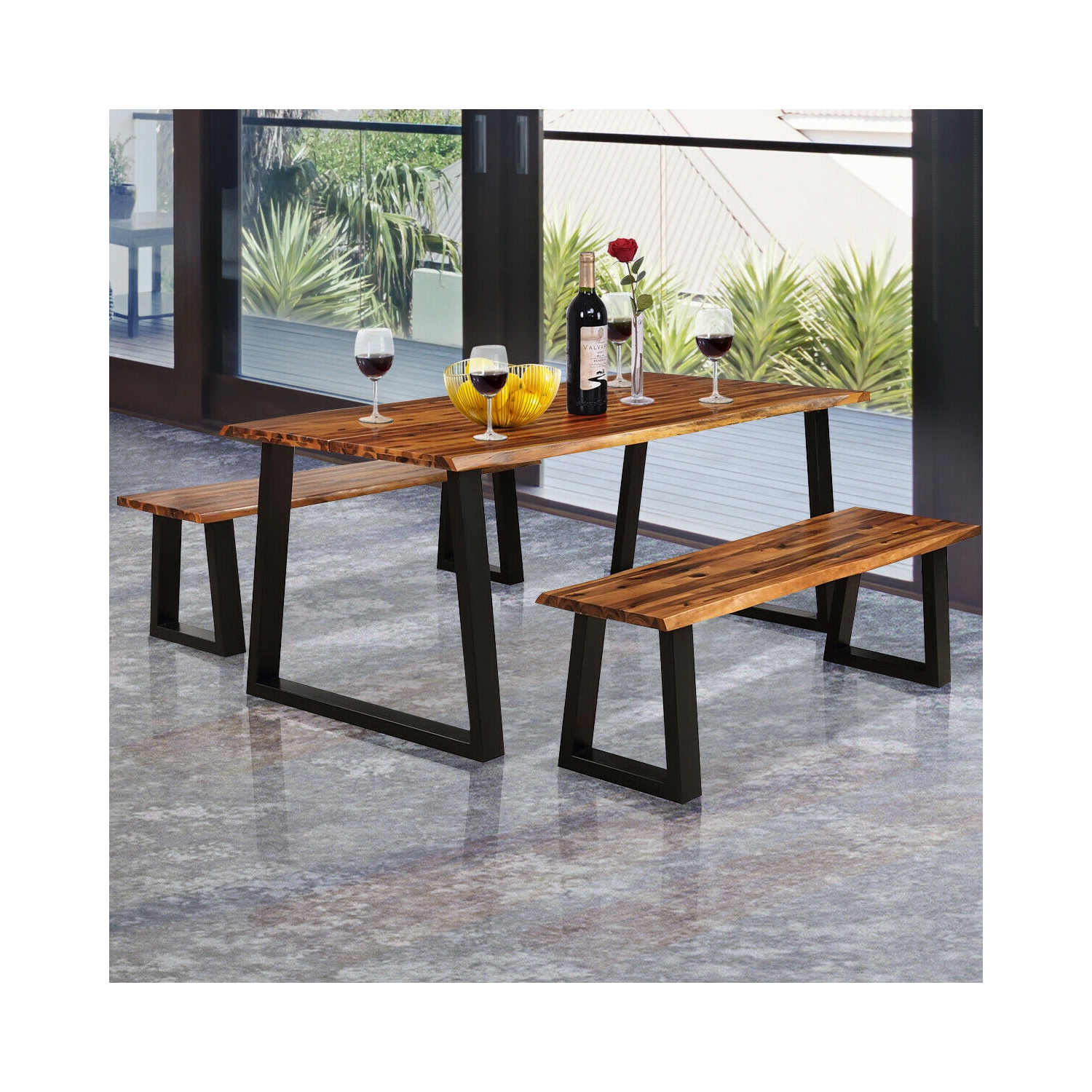 Gymax Picnic Table Set Acacia Wood 3 Piece Table Bench Outdoor Patio