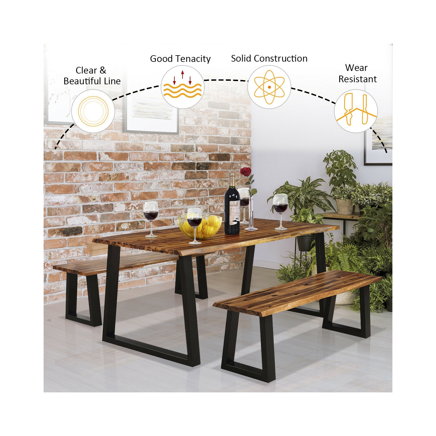 Gymax Picnic Table Set Acacia Wood 3 Piece Table Bench Outdoor Patio