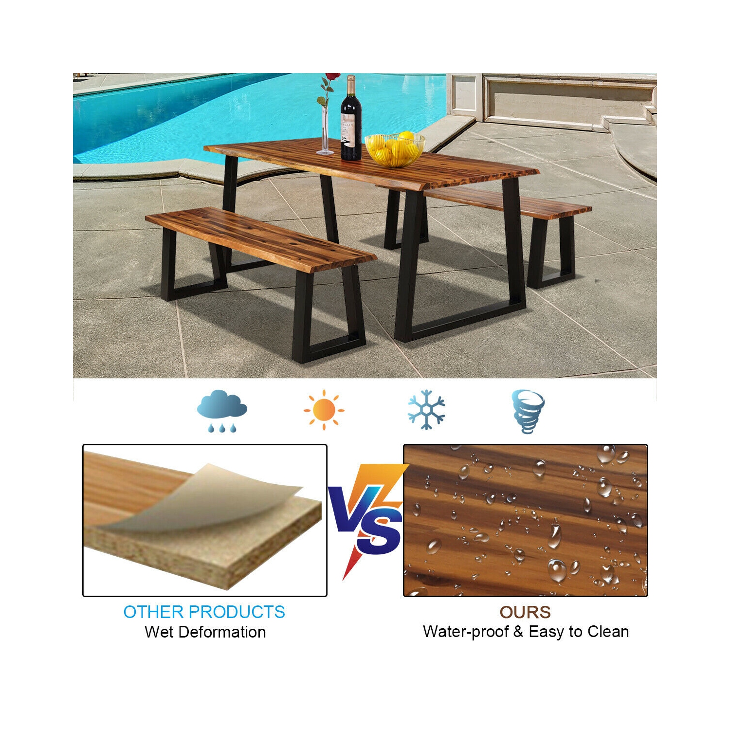 Gymax Picnic Table Set Acacia Wood 3 Piece Table Bench Outdoor Patio