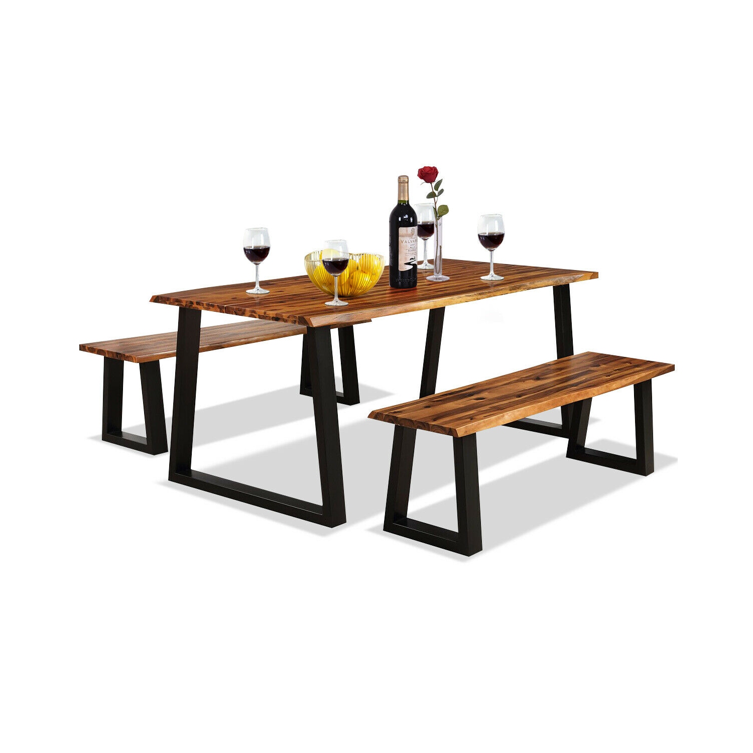 Gymax Picnic Table Set Acacia Wood 3 Piece Table Bench Outdoor Patio