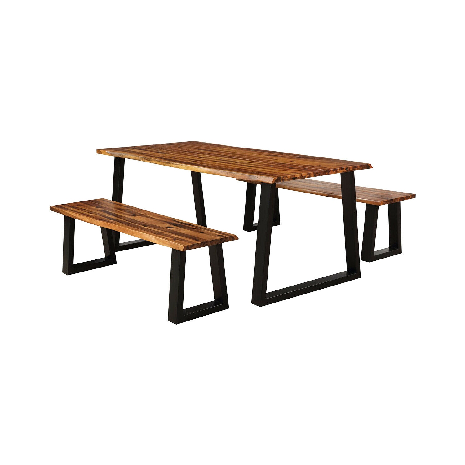 Gymax Picnic Table Set Acacia Wood 3 Piece Table Bench Outdoor Patio