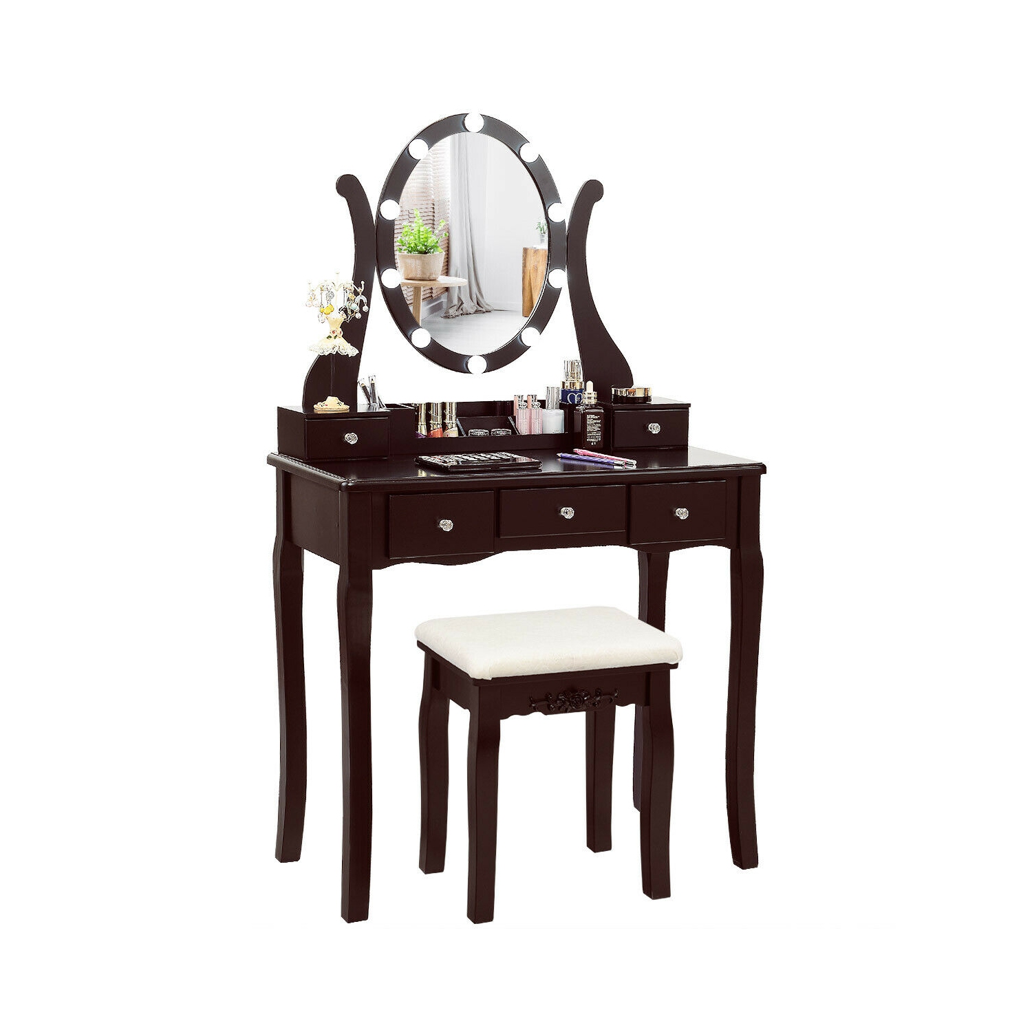 Gymax Vanity Table Set w/10 Light Bulbs and Touch Switch Makeup Dressing Table Brown