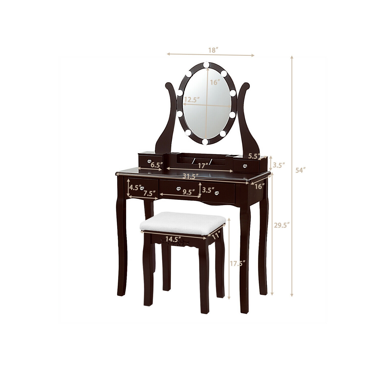 Gymax Vanity Table Set w/10 Light Bulbs and Touch Switch Makeup Dressing Table Brown