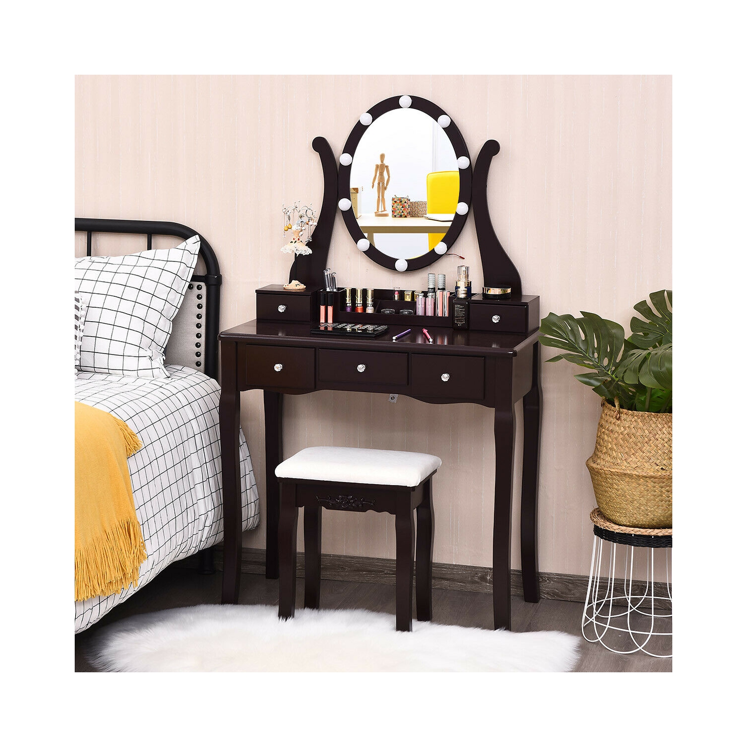 Gymax Vanity Table Set w/10 Light Bulbs and Touch Switch Makeup Dressing Table Brown