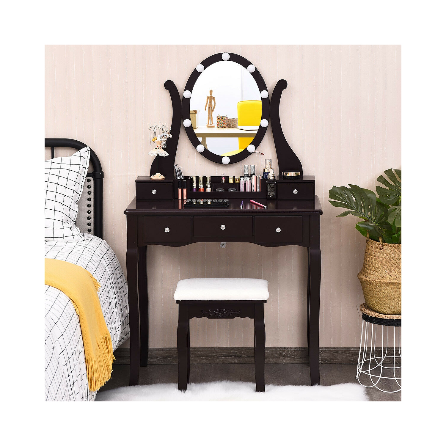 Gymax Vanity Table Set w/10 Light Bulbs and Touch Switch Makeup Dressing Table Brown