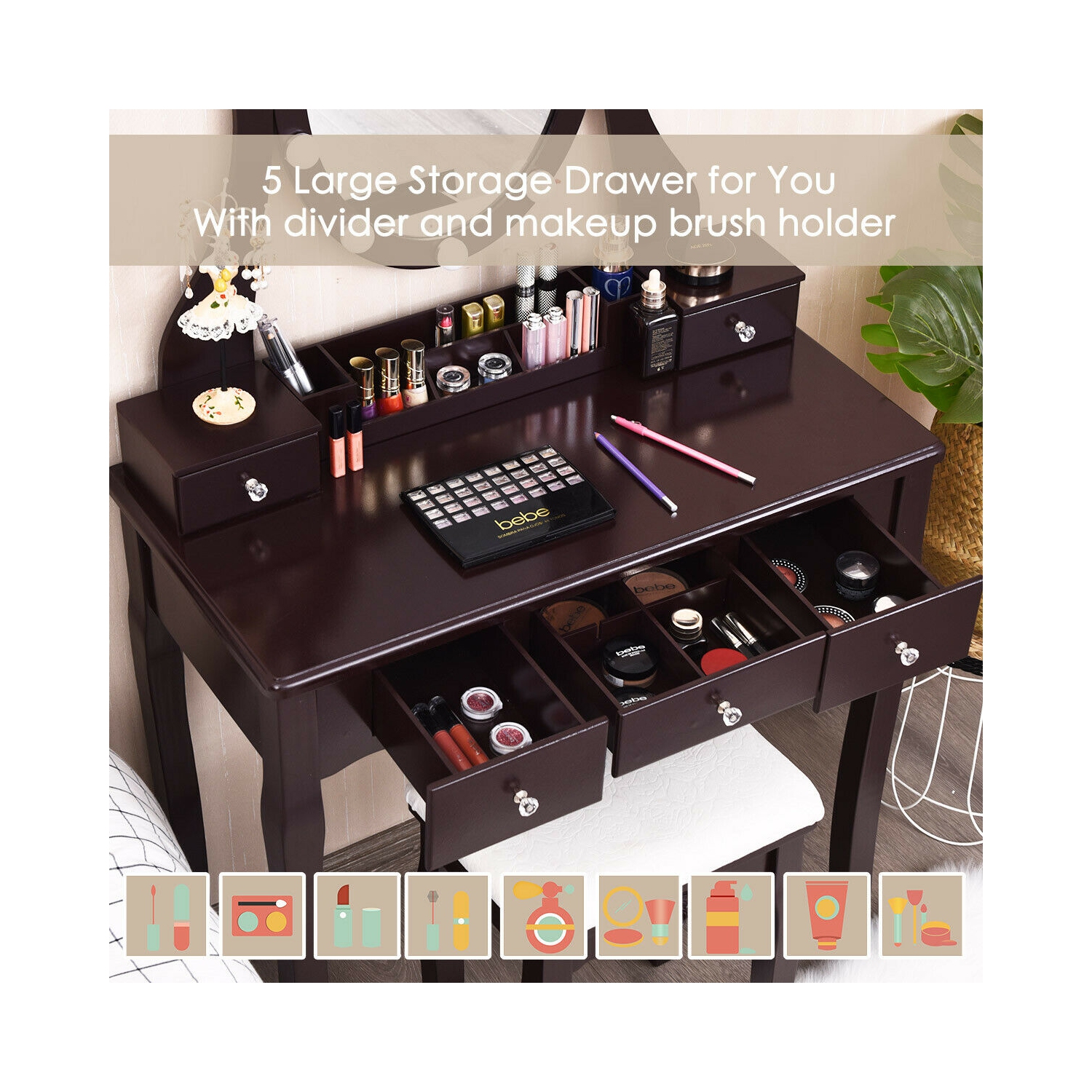 Gymax Vanity Table Set w/10 Light Bulbs and Touch Switch Makeup Dressing Table Brown
