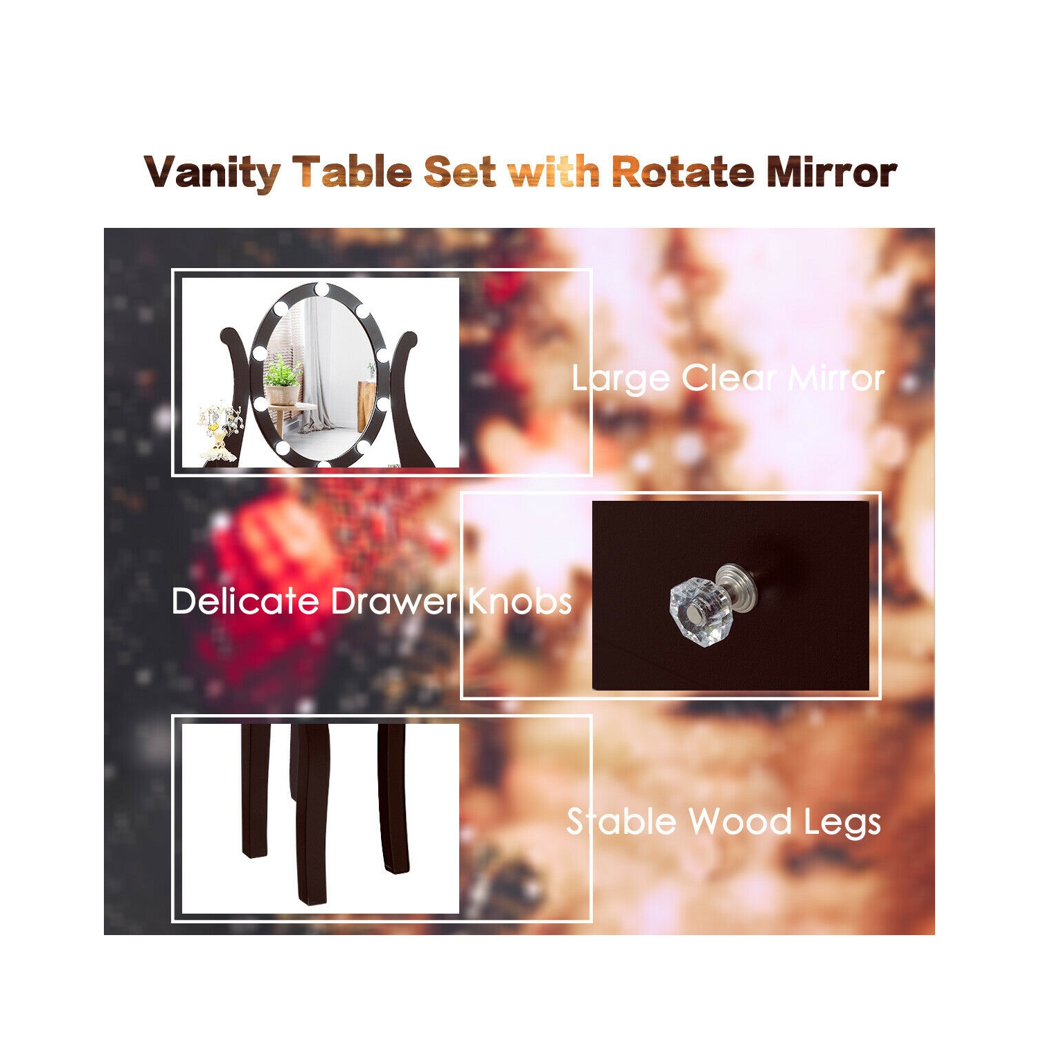 Gymax Vanity Table Set w/10 Light Bulbs and Touch Switch Makeup Dressing Table Brown