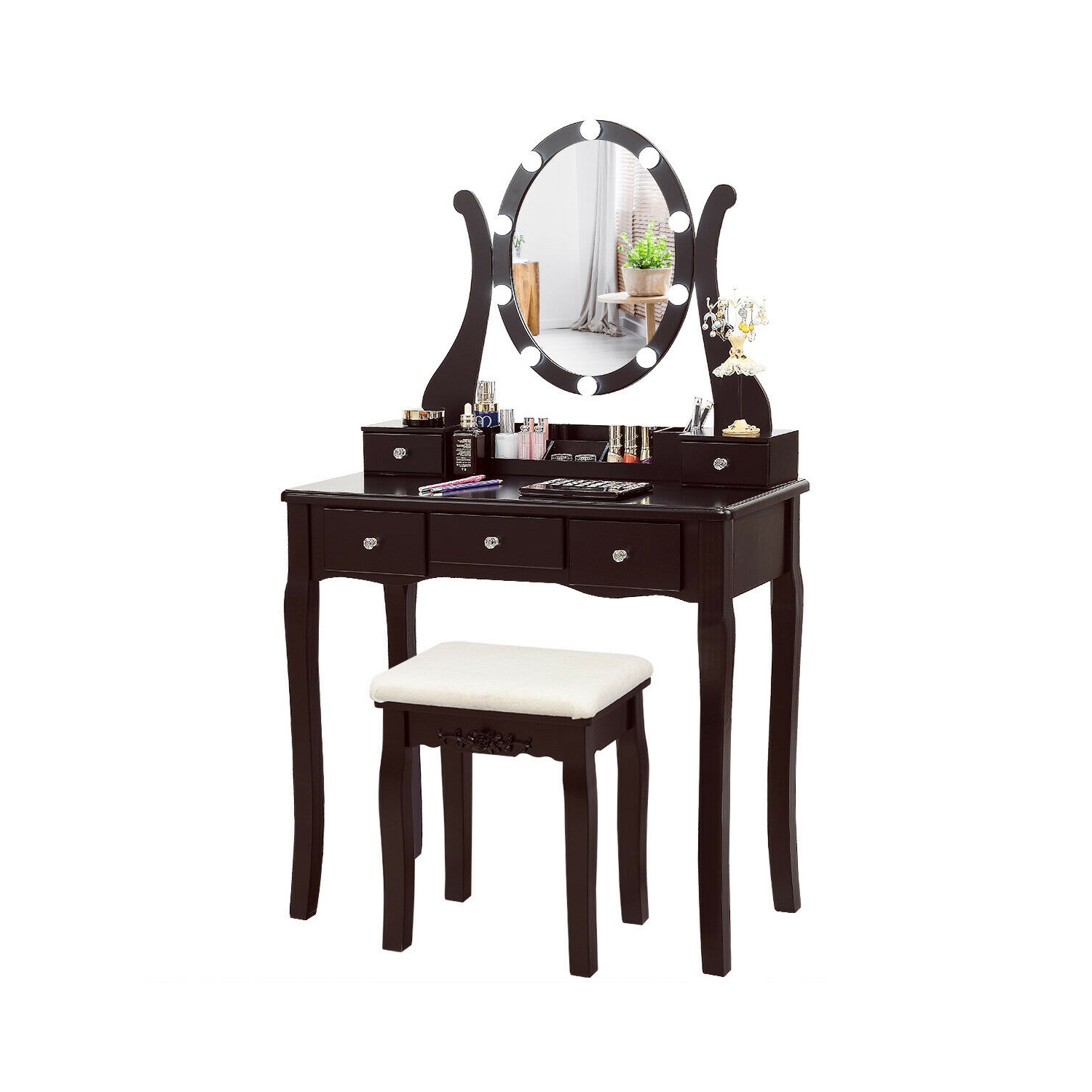 Gymax Vanity Table Set w/10 Light Bulbs and Touch Switch Makeup Dressing Table Brown
