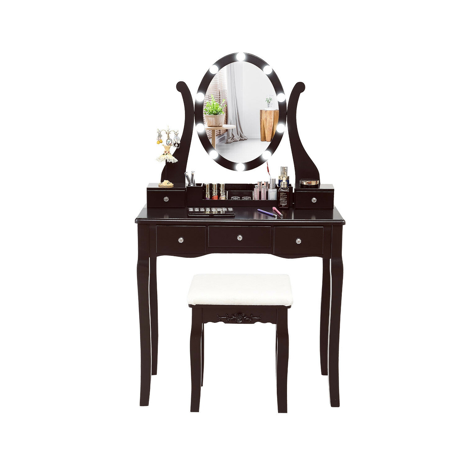 Gymax Vanity Table Set w/10 Light Bulbs and Touch Switch Makeup Dressing Table Brown
