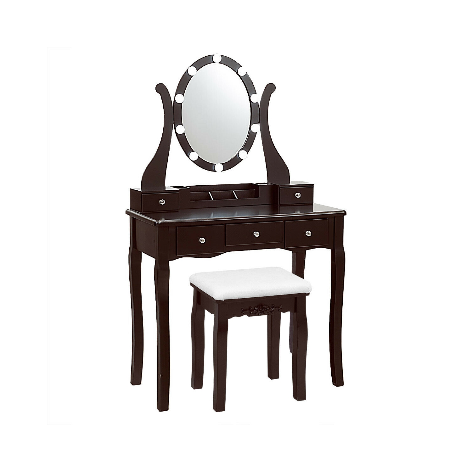 Gymax Vanity Table Set w/10 Light Bulbs and Touch Switch Makeup Dressing Table Brown