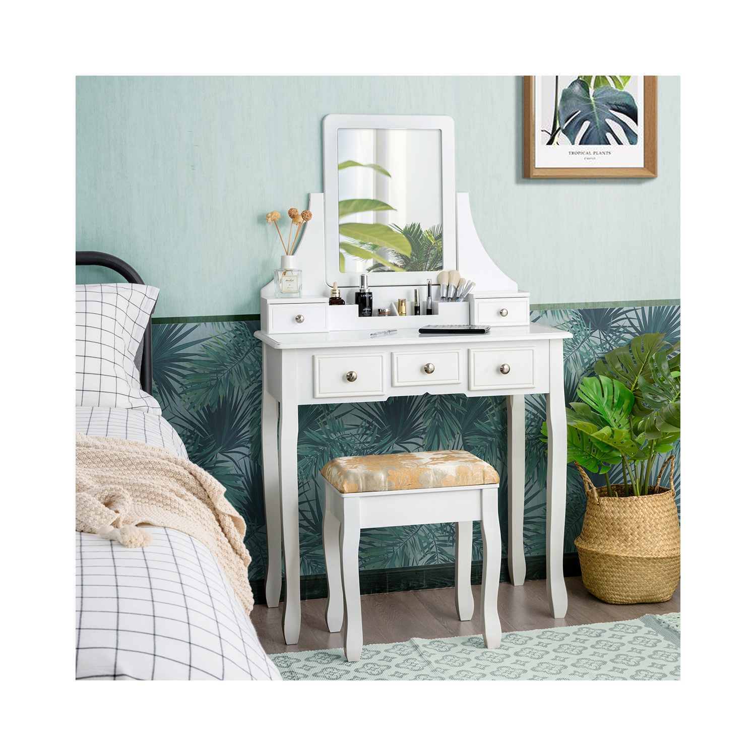 Gymax Vanity Set W/5 Drawers &Removable Box Makeup Dressing Table and Stool Set White