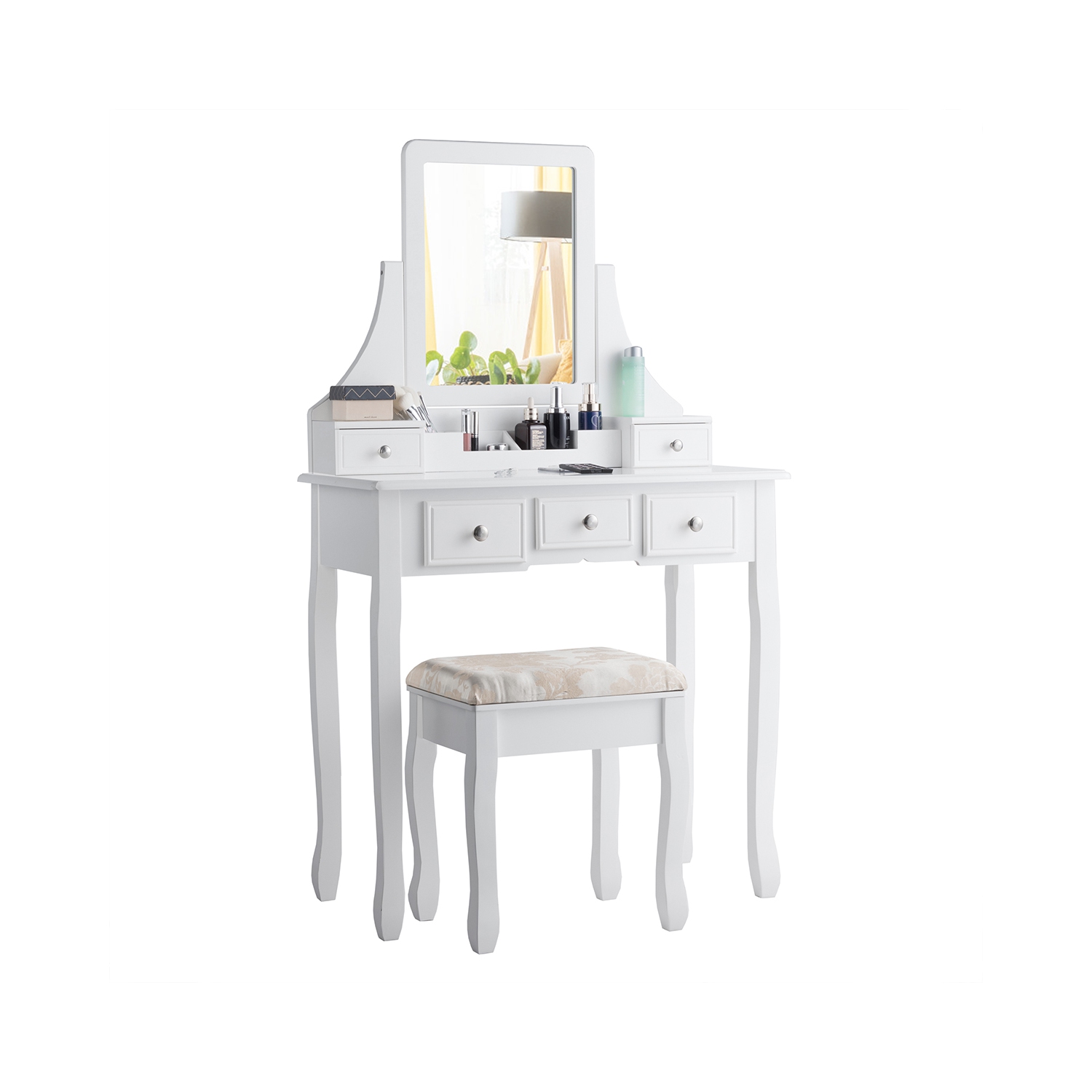Gymax Vanity Set W/5 Drawers &Removable Box Makeup Dressing Table and Stool Set White