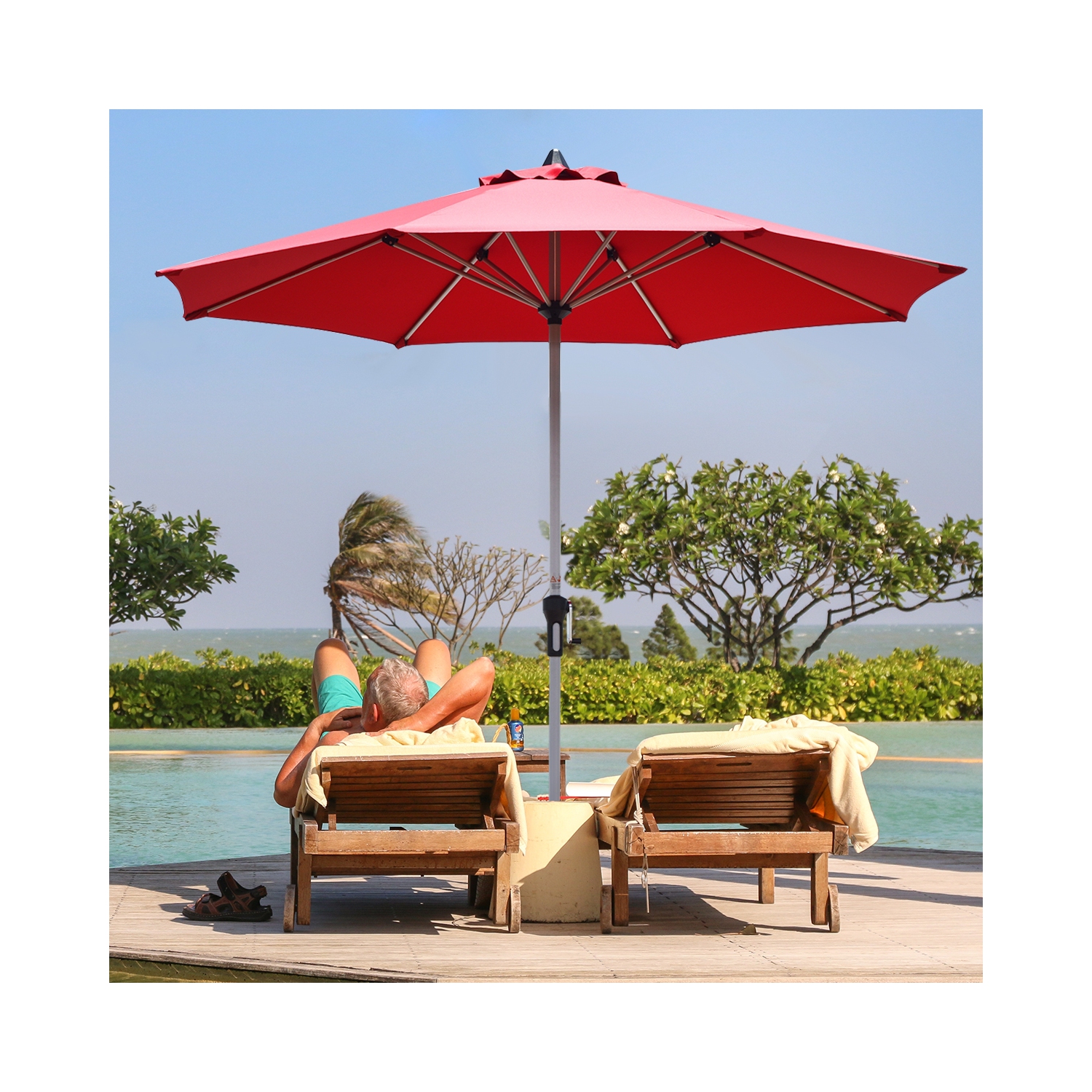 Parasol de marché extérieur de 9 pi pour patio avec poteau en aluminium sans base de poids bourgogne