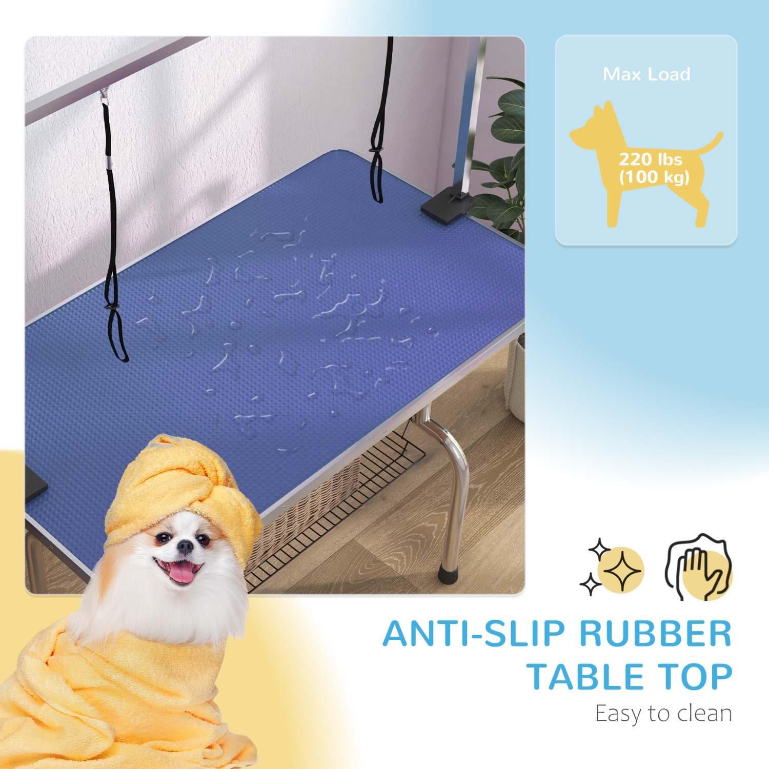 PawHut – Table de toilettage réglable de 43 6&nbsp;po de long, dessus en caoutchouc, 2 élingues de sécurité, panier de rangement en mailles, métal