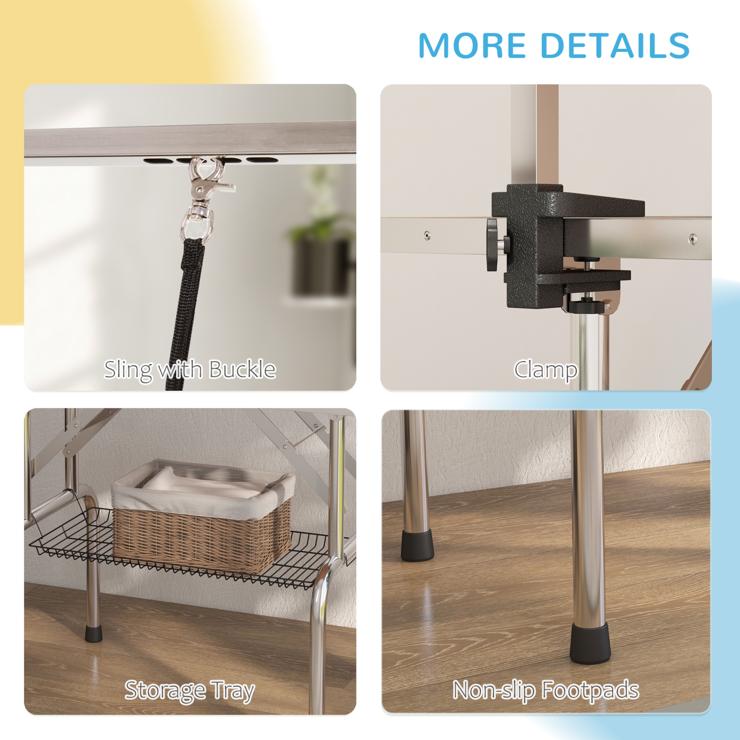 PawHut – Table de toilettage réglable de 43 6&nbsp;po de long, dessus en caoutchouc, 2 élingues de sécurité, panier de rangement en mailles, métal