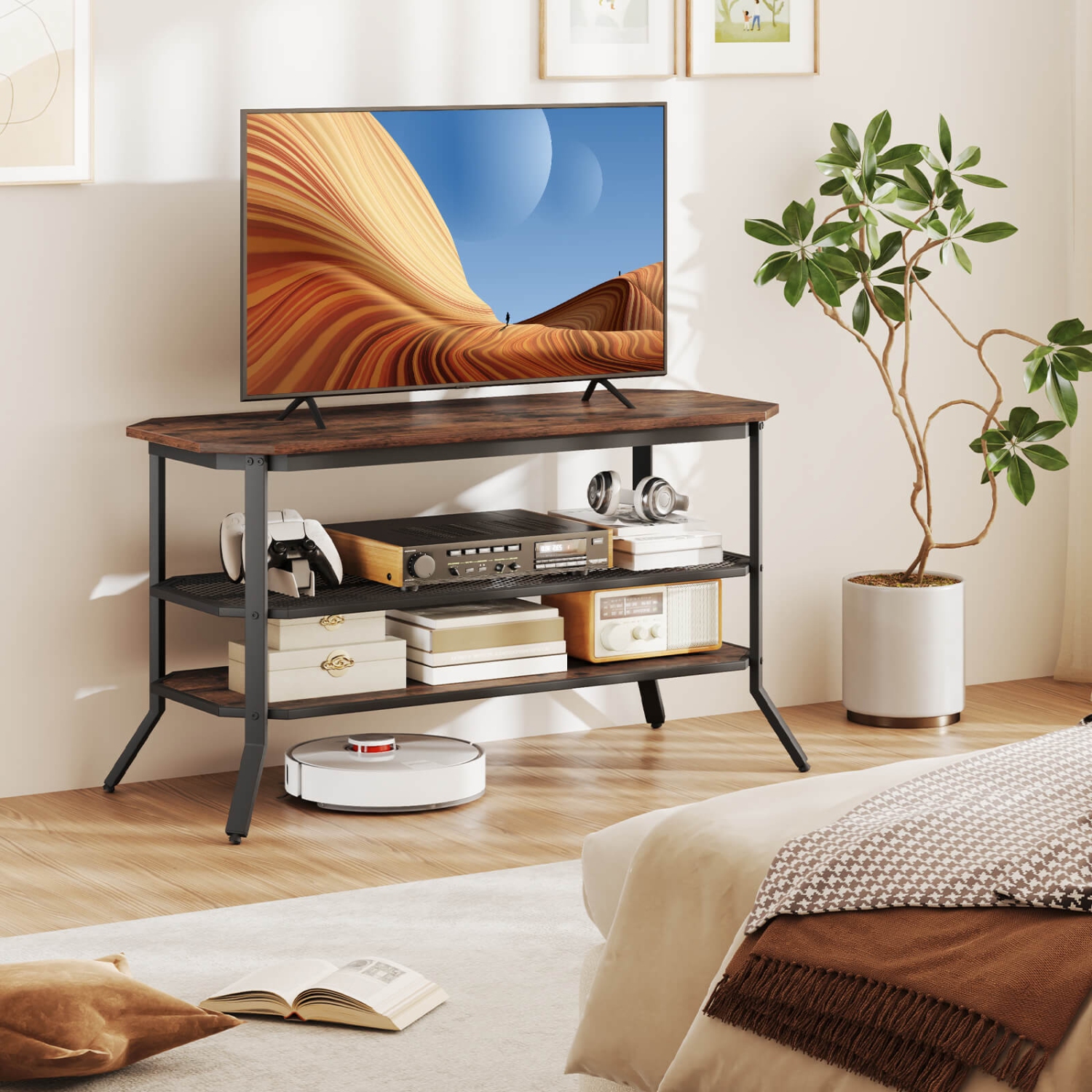 Costway TV Stand for 46" TVs with 2 Storage Shelves Tapered Metal Legs for Living Room