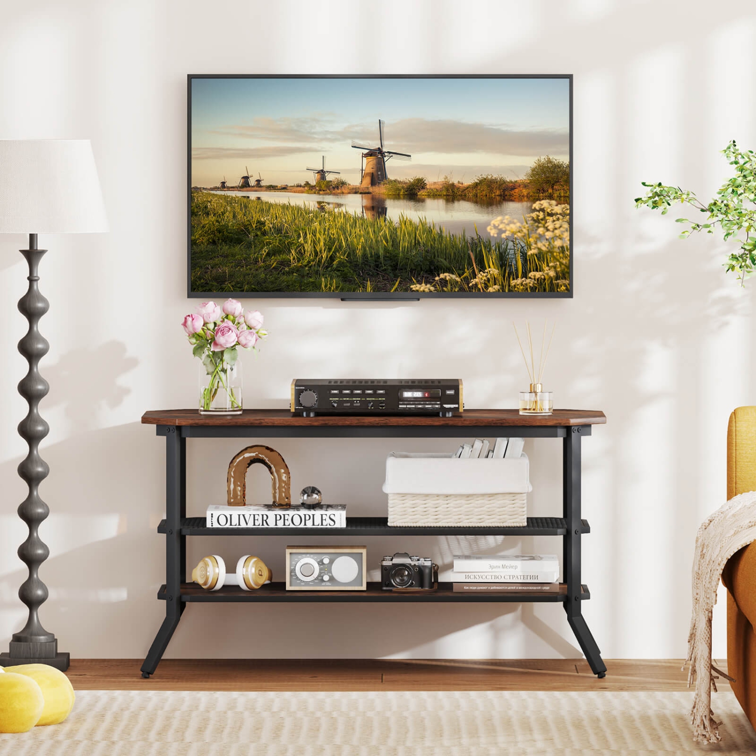 Costway TV Stand for 46" TVs with 2 Storage Shelves Tapered Metal Legs for Living Room