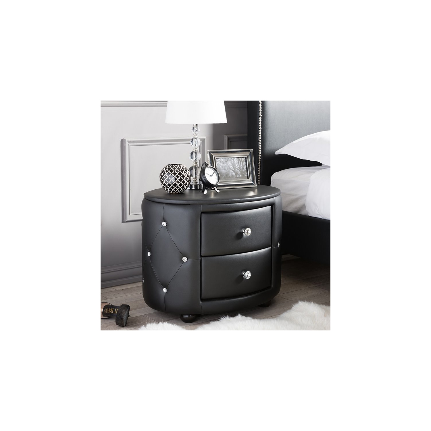 Bowery Hill 2 Drawer Faux Leather Tufted Nightstand in Black