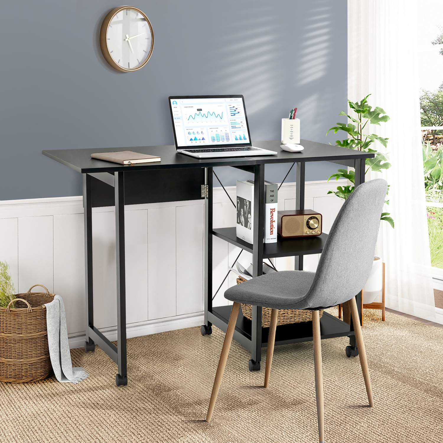 Costway Rolling Computer Desk Folding Writing Office Desk Storage Shelves Black