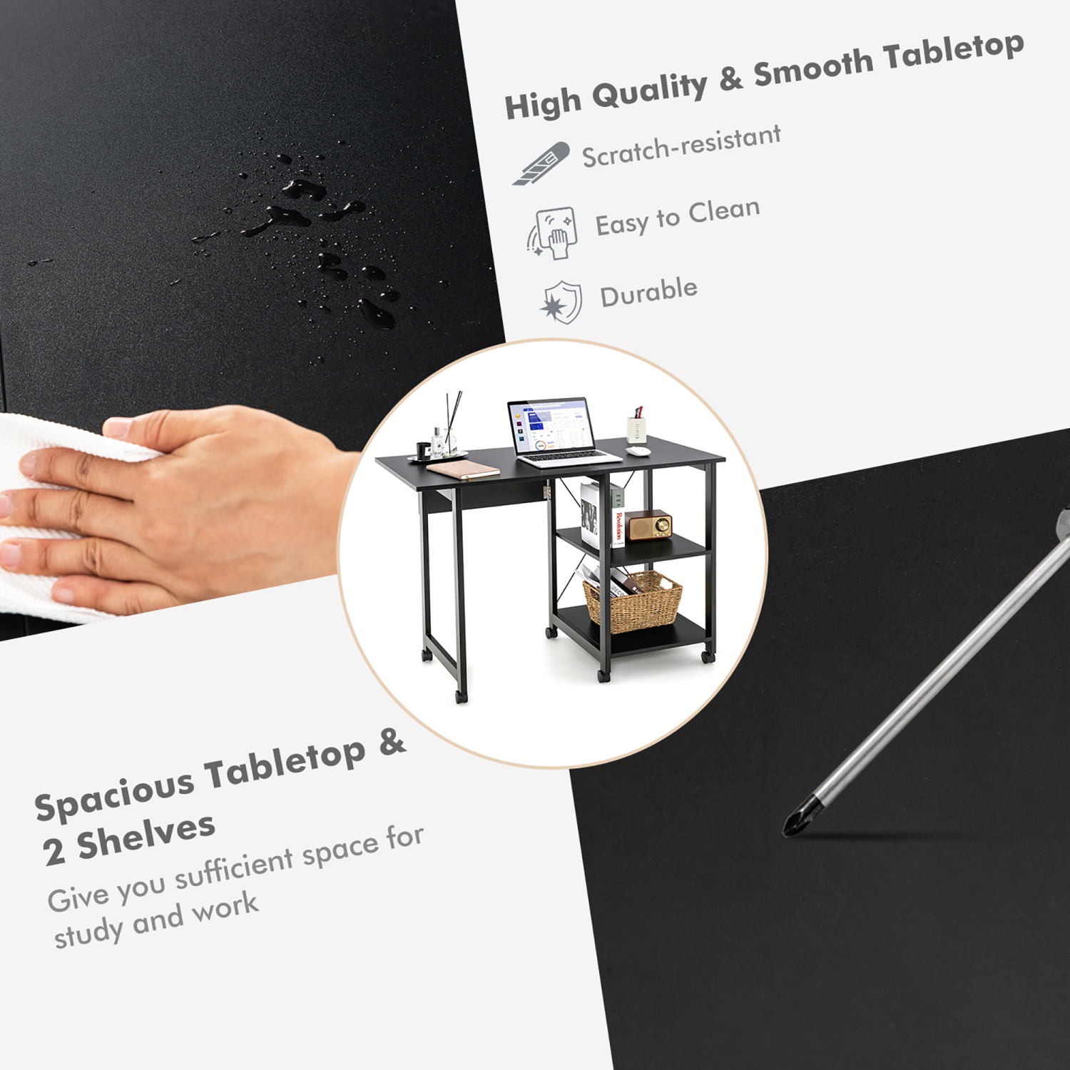 Costway Rolling Computer Desk Folding Writing Office Desk Storage Shelves Black