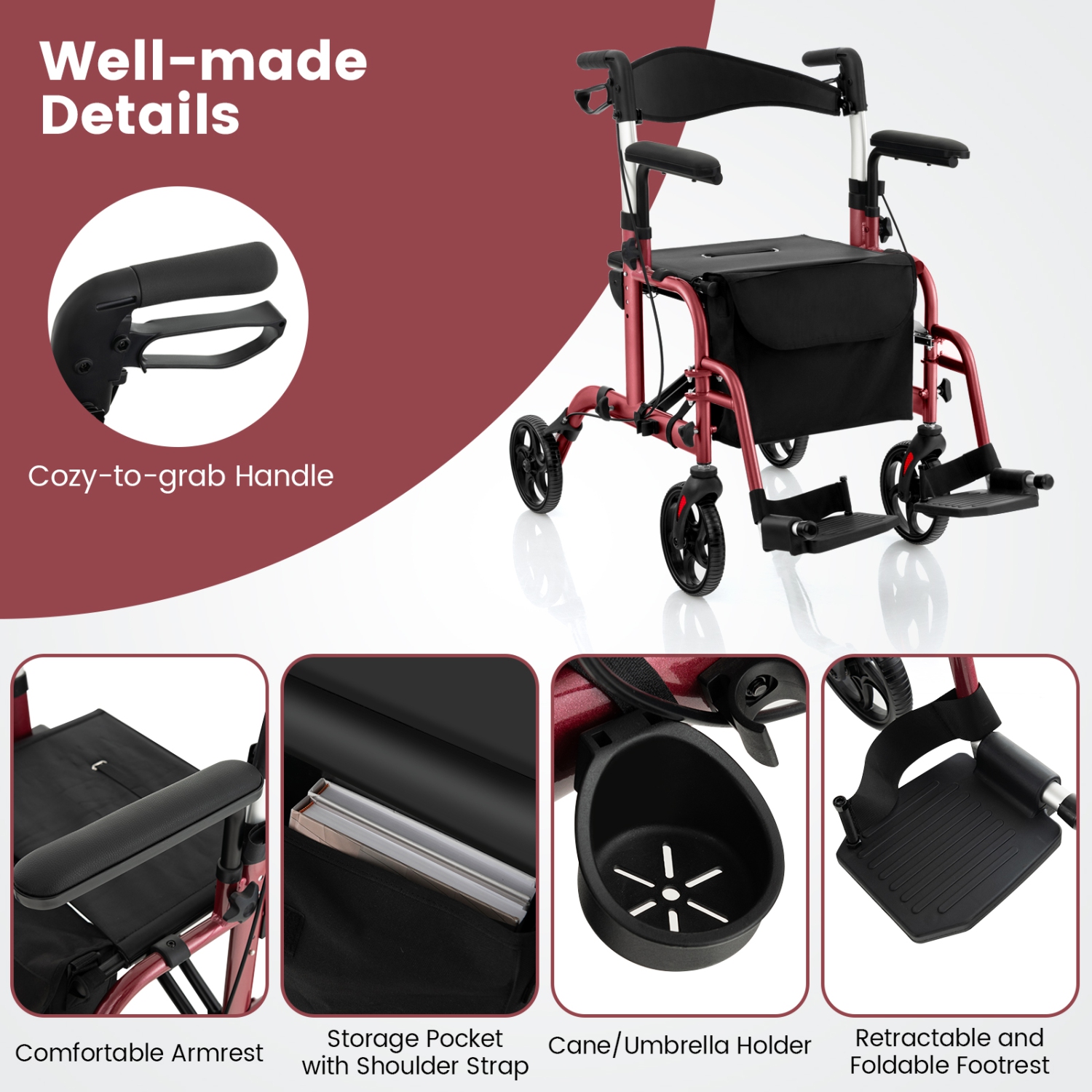 Goplus Folding Rollator Walker w/Seat & 8" Wheels Supports up to 300 lbs