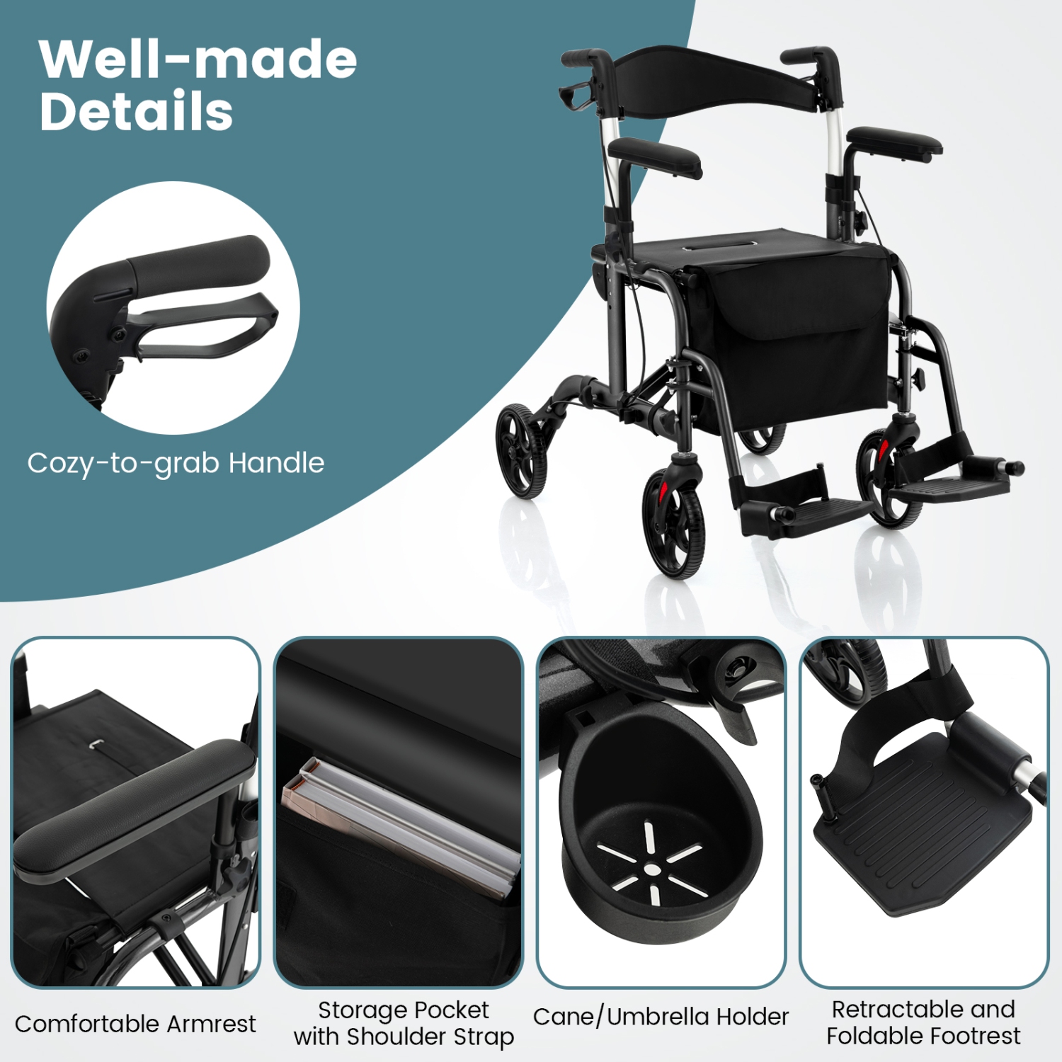 Goplus Folding Rollator Walker w/Seat & 8" Wheels Supports up to 300 lbs