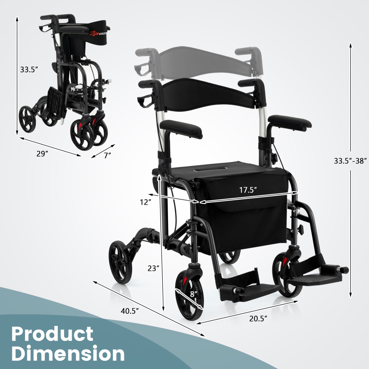 Goplus Folding Rollator Walker w/Seat & 8" Wheels Supports up to 300 lbs