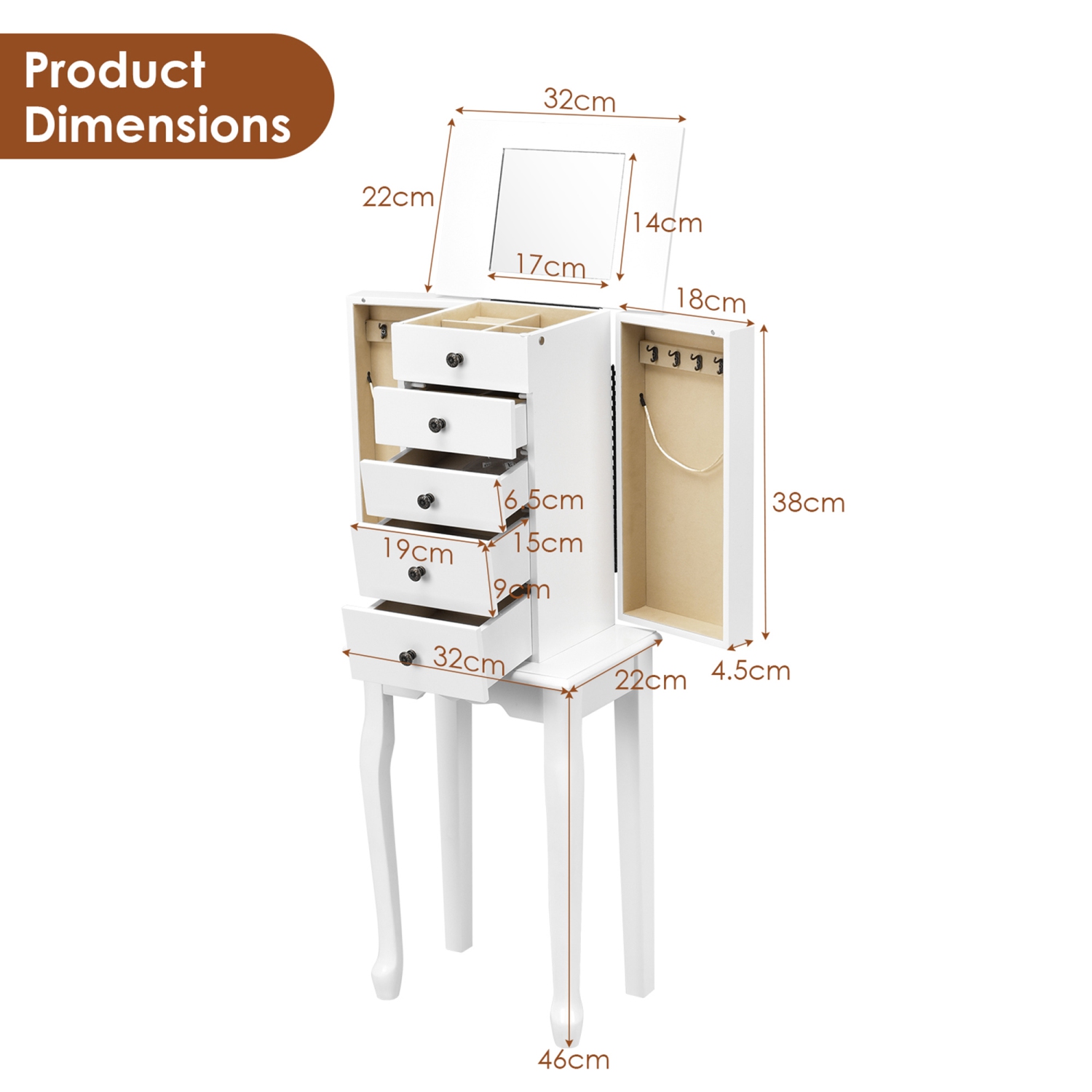 Gymax Mirrored Armoire Jewelry Cabinet Free Standing Organizer Storage Box Chest Black/White