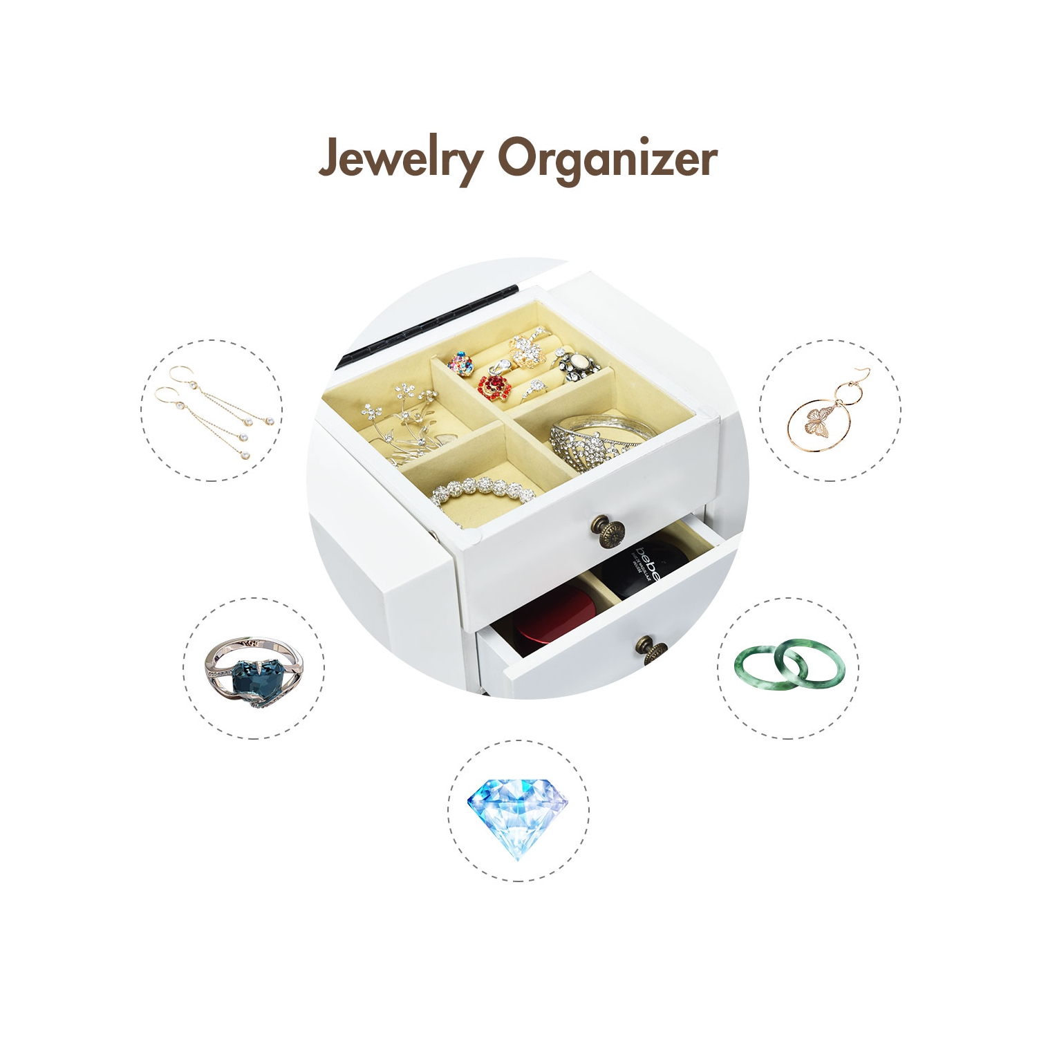 Gymax Mirrored Armoire Jewelry Cabinet Free Standing Organizer Storage Box Chest Black/White