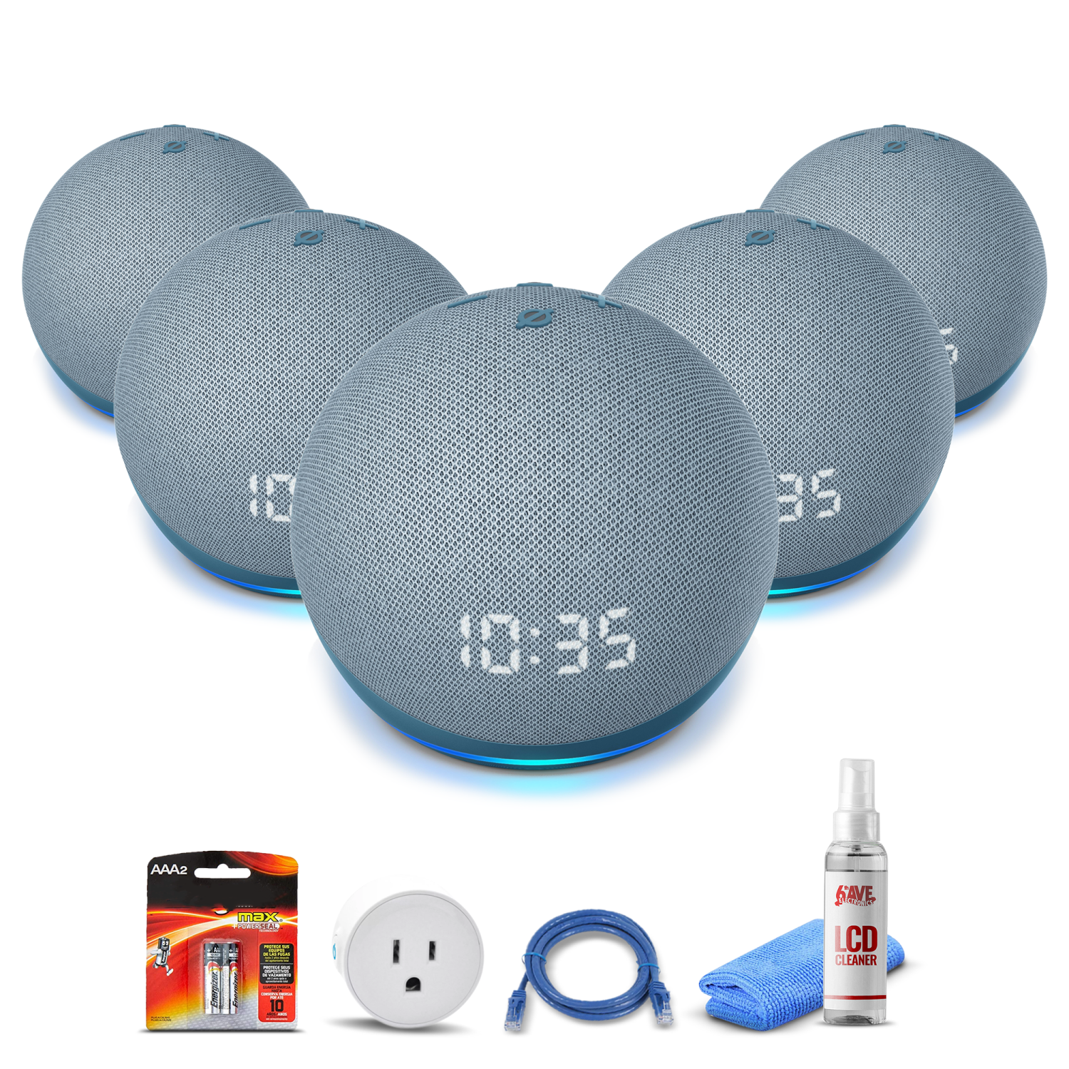 (5) Amazon Echo Dot Clock (4th, Blue) + Smart Plug + Cat5 Cable + Batteries