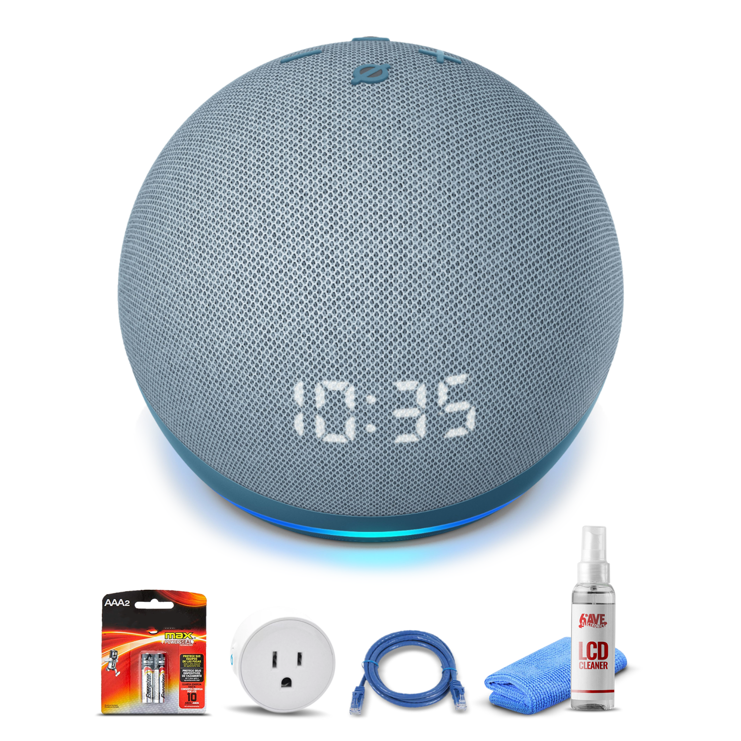 Amazon Echo Dot Clock (4th, Blue) + Smart Plug + Cat5 Cable + Batteries Bundle