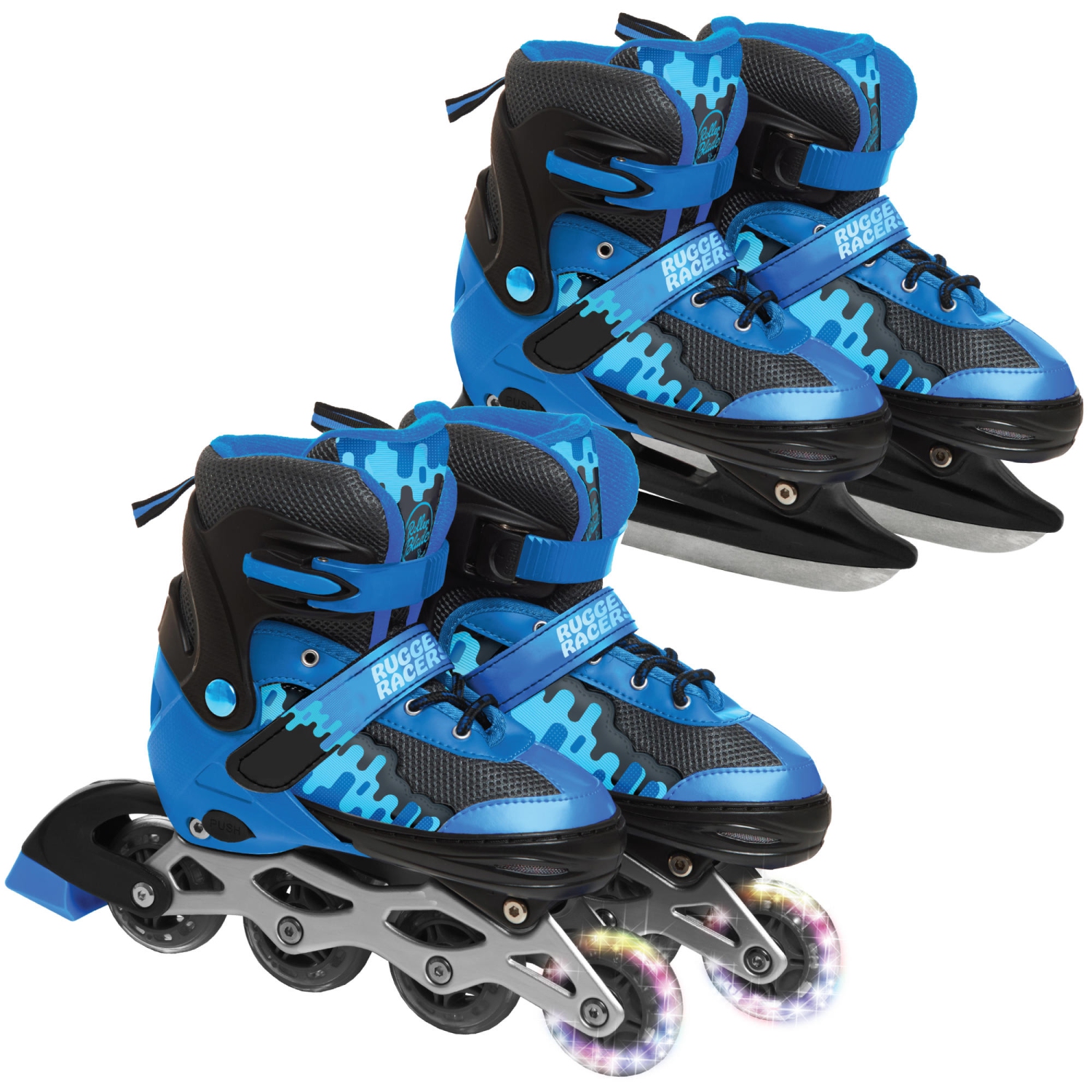 Rugged Racers Kids Adjustable And Convertible Rollerblade And Ice Skate, Small, Blue