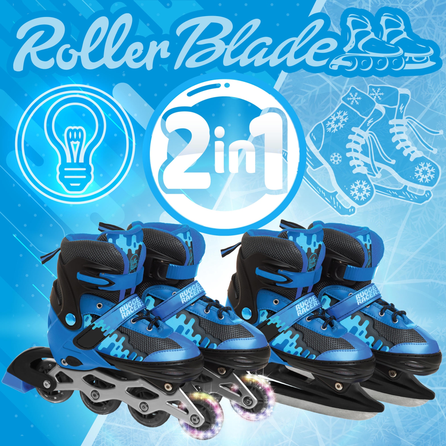Rugged Racers Kids Adjustable And Convertible Rollerblade And Ice Skate, Medium, Blue