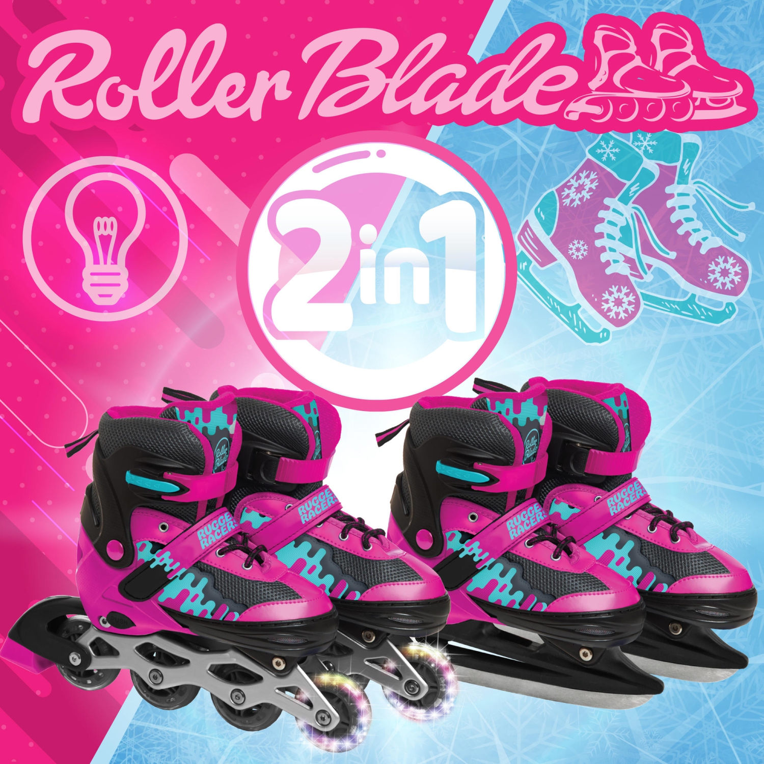 Rugged Racers Roller et patin à glace réglables et convertibles pour enfants, moyen, rose
