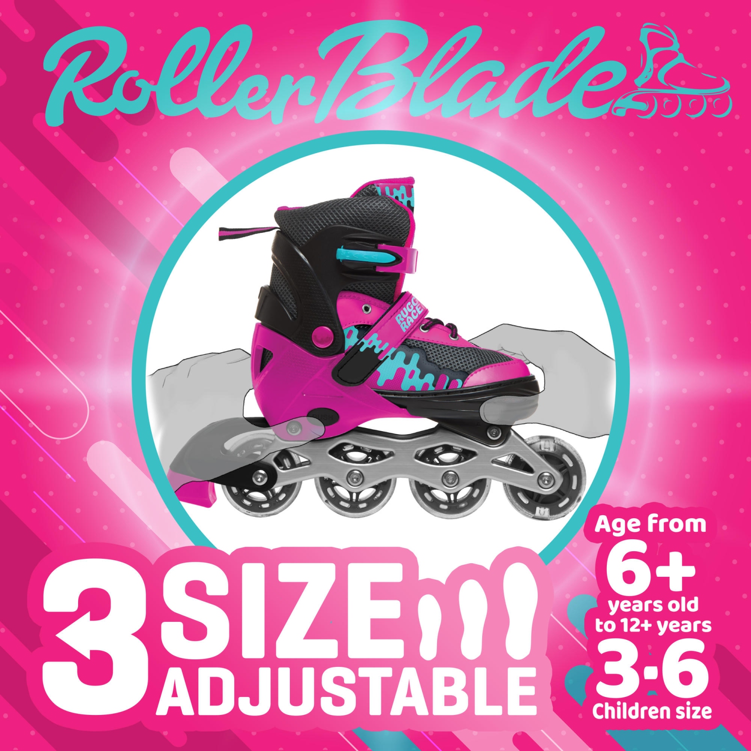 Rugged Racers Roller et patin à glace réglables et convertibles pour enfants, moyen, rose
