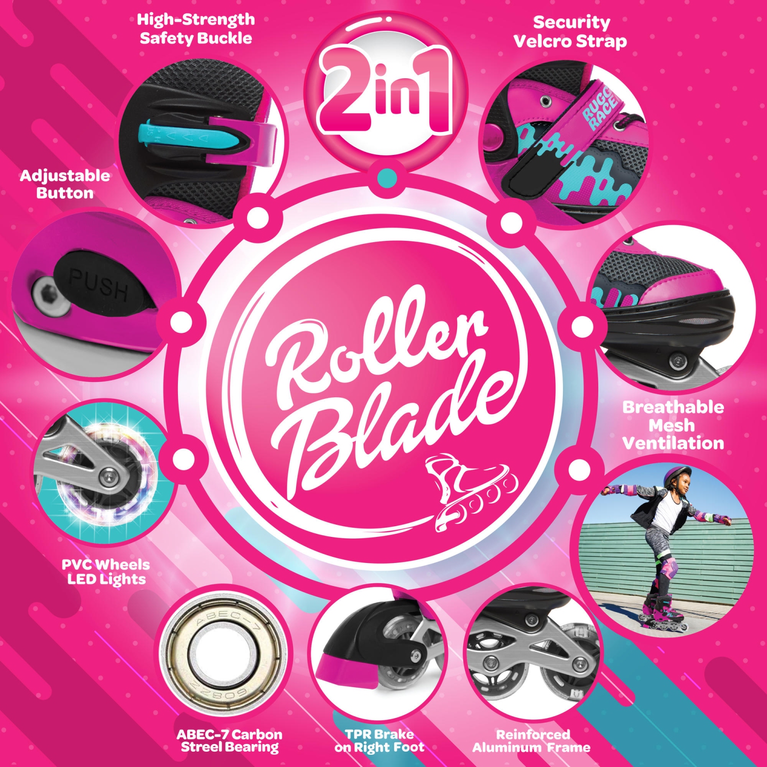 Rugged Racers Roller et patin à glace réglables et convertibles pour enfants, moyen, rose