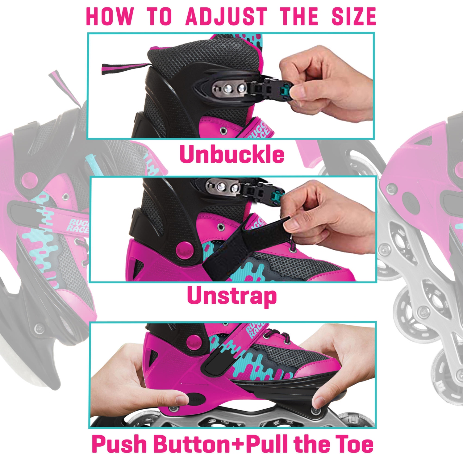 Rugged Racers Roller et patin à glace réglables et convertibles pour enfants, moyen, rose