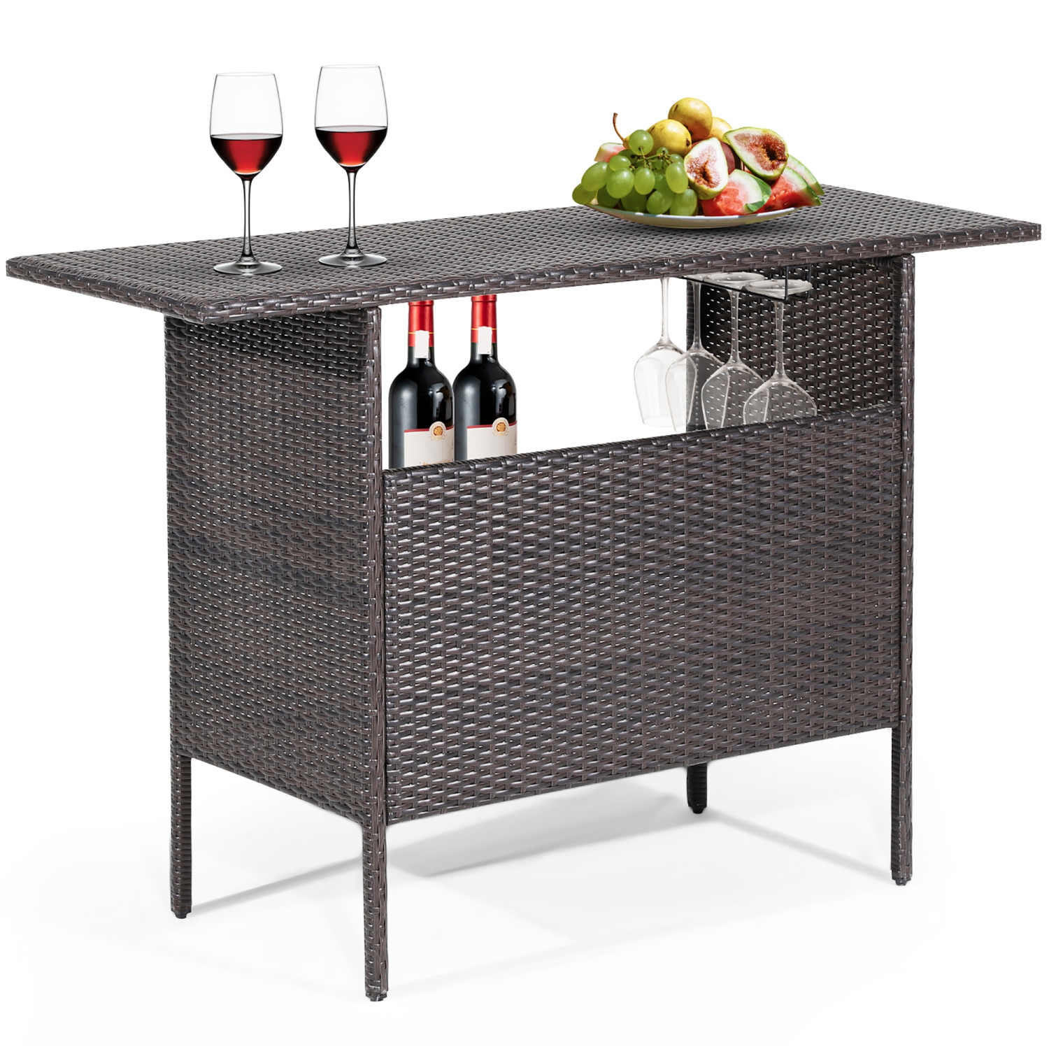 Costway Patio Rattan Wicker Bar Height Counter Table Storage Shelf Rail Garden