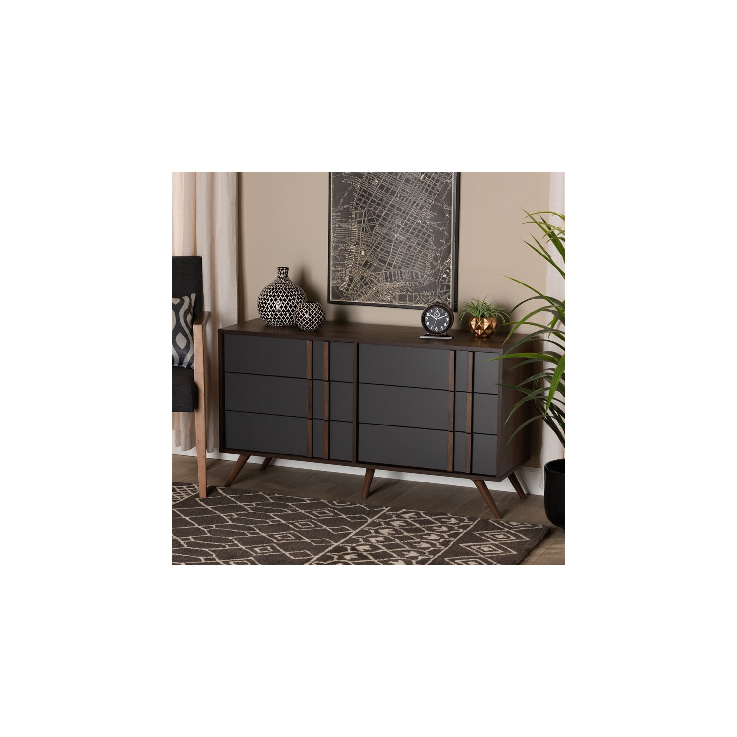 Baxton Studio Naoki Gray and Walnut Finished Wood 6-Drawer Bedroom Dresser