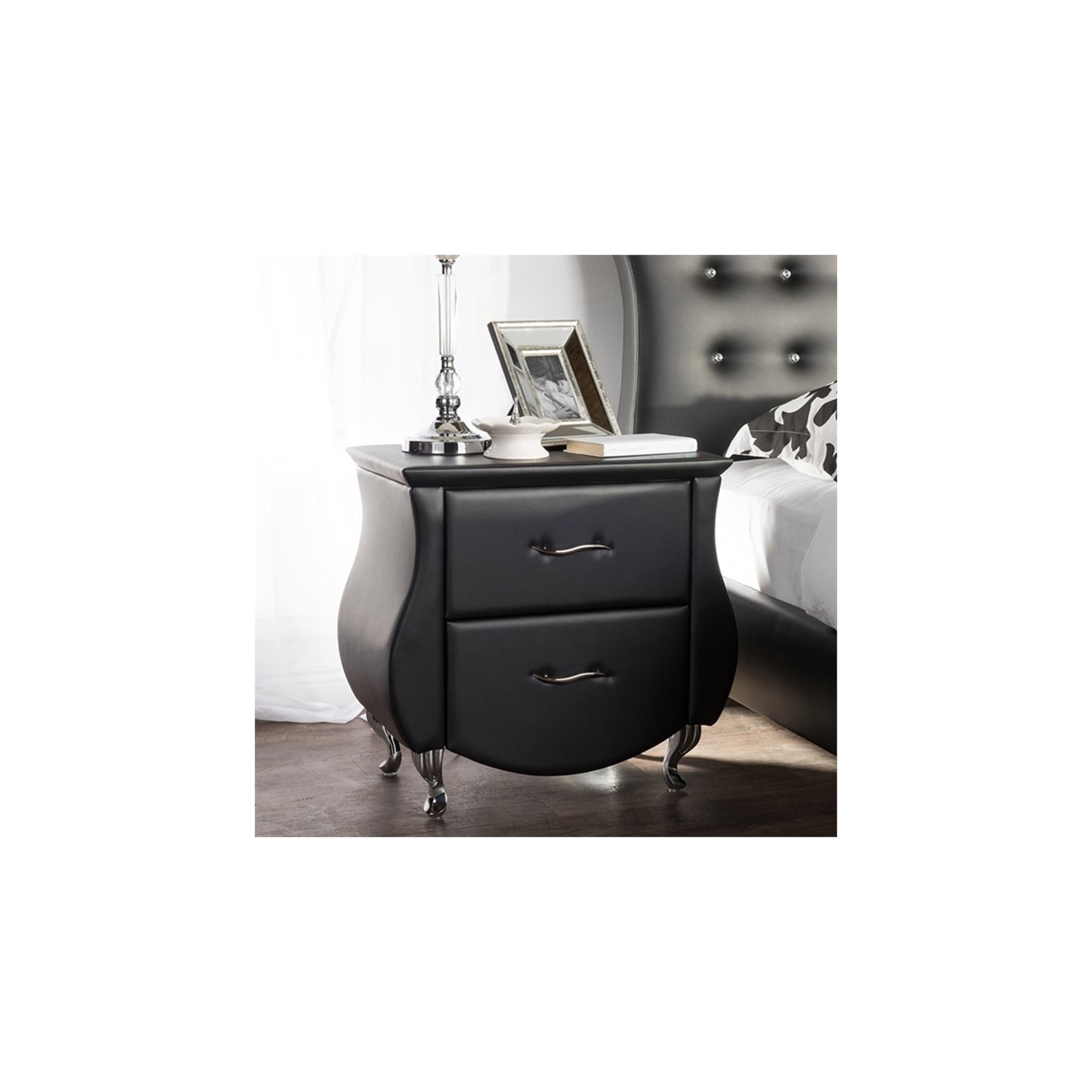 Bowery Hill 2 Drawer Faux Leather Nightstand in Black