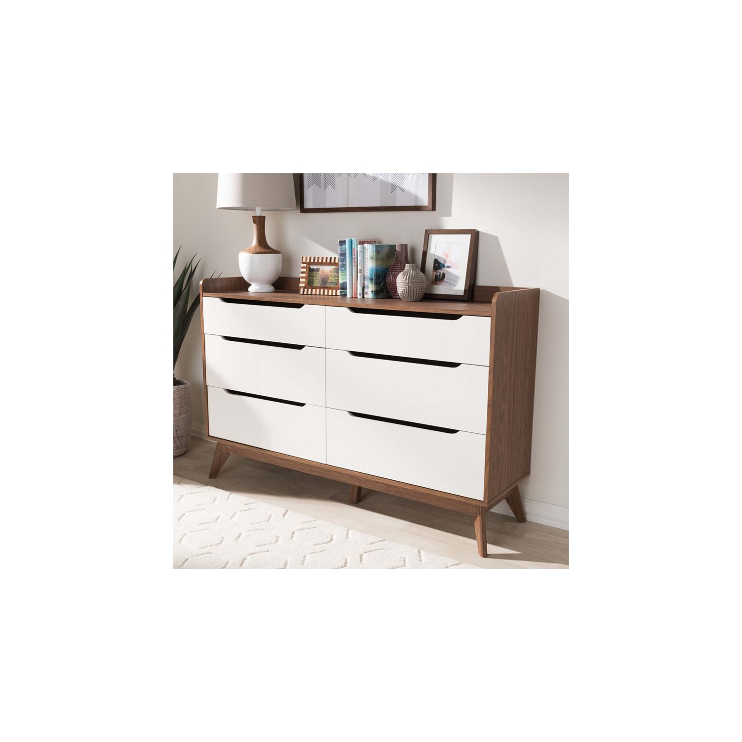 Bowery Hill Mid-century 6 Drawer Double Dresser in White and Walnut